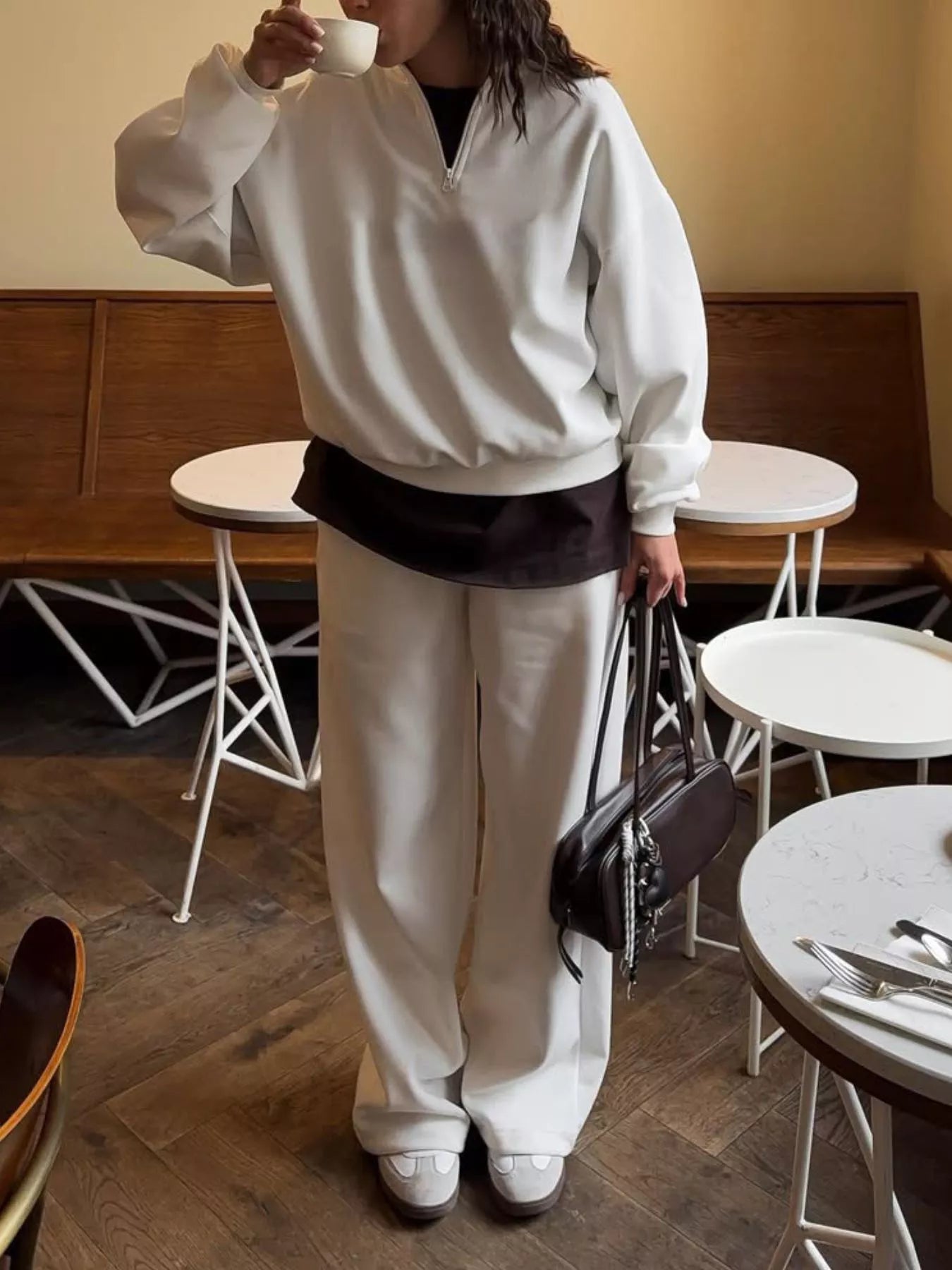 Trendsi Quarter-Zip Top and Wide-Leg Sweatpants Set -