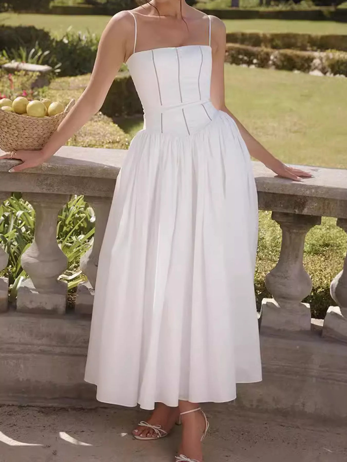 Women's Paneled Bodice Gathered Midi Dress in white — front view