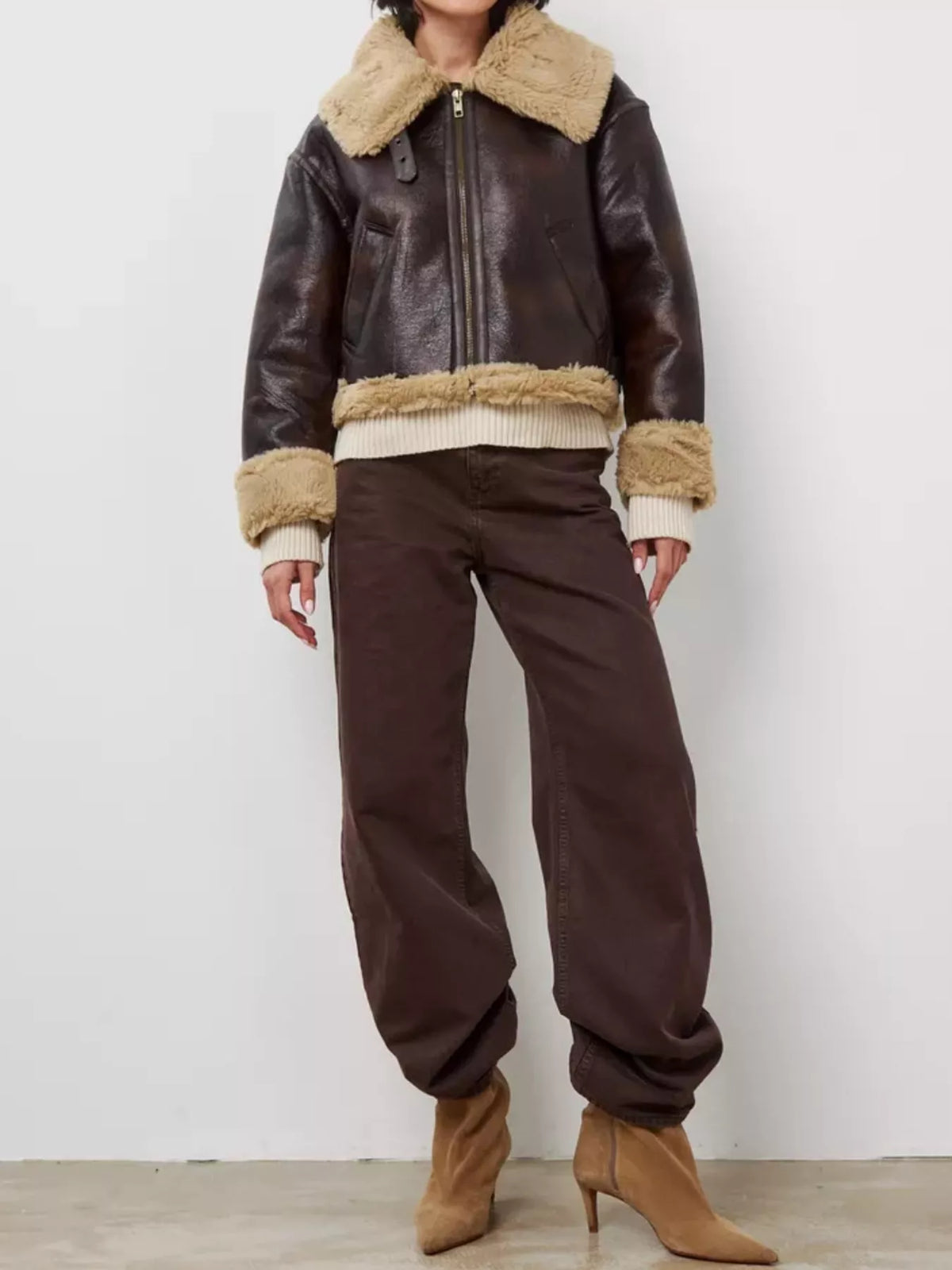 Faux Leather Aviator Jacket with Plush Trim, front view