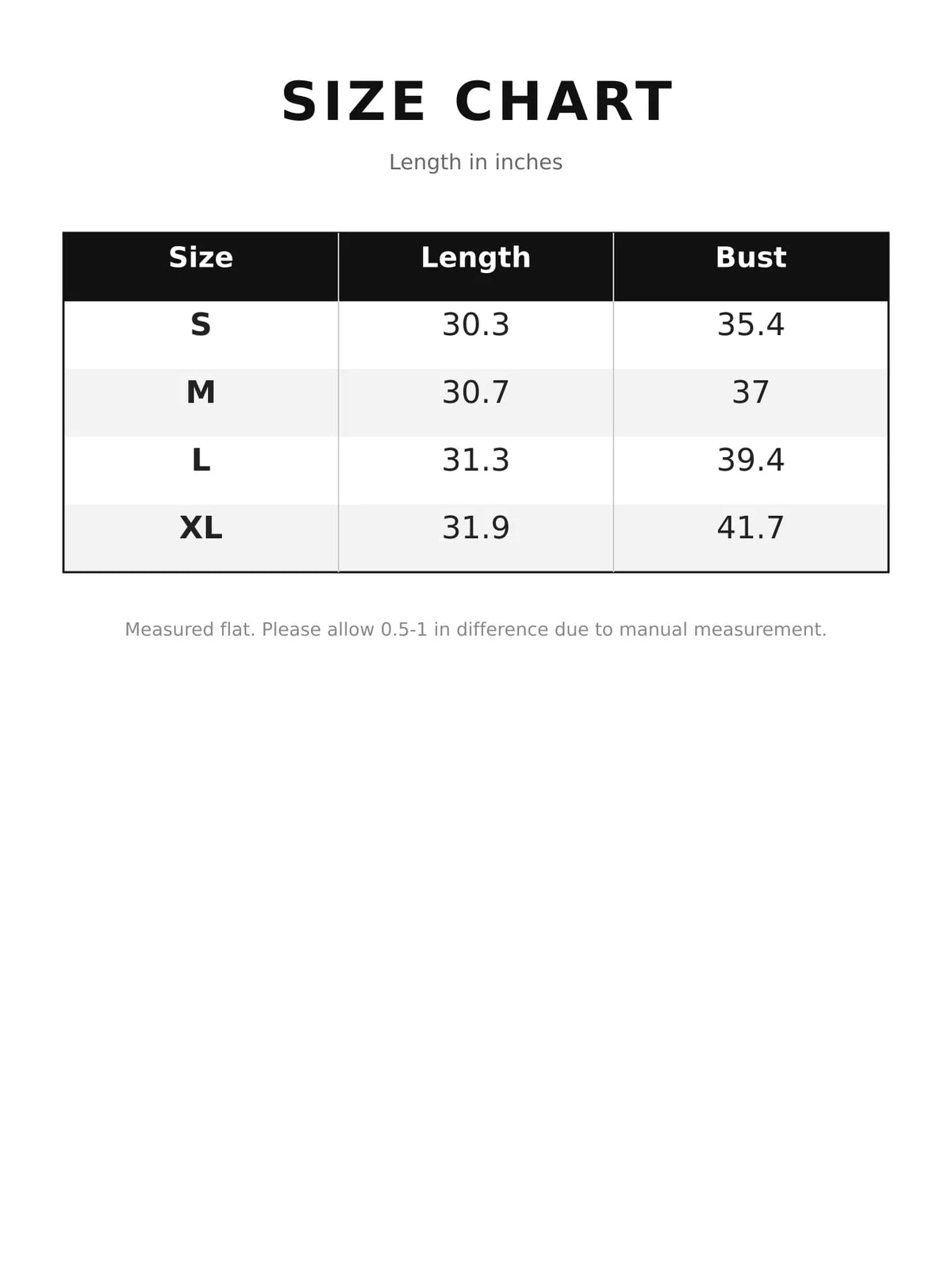 Size chart for tie-waist cape
