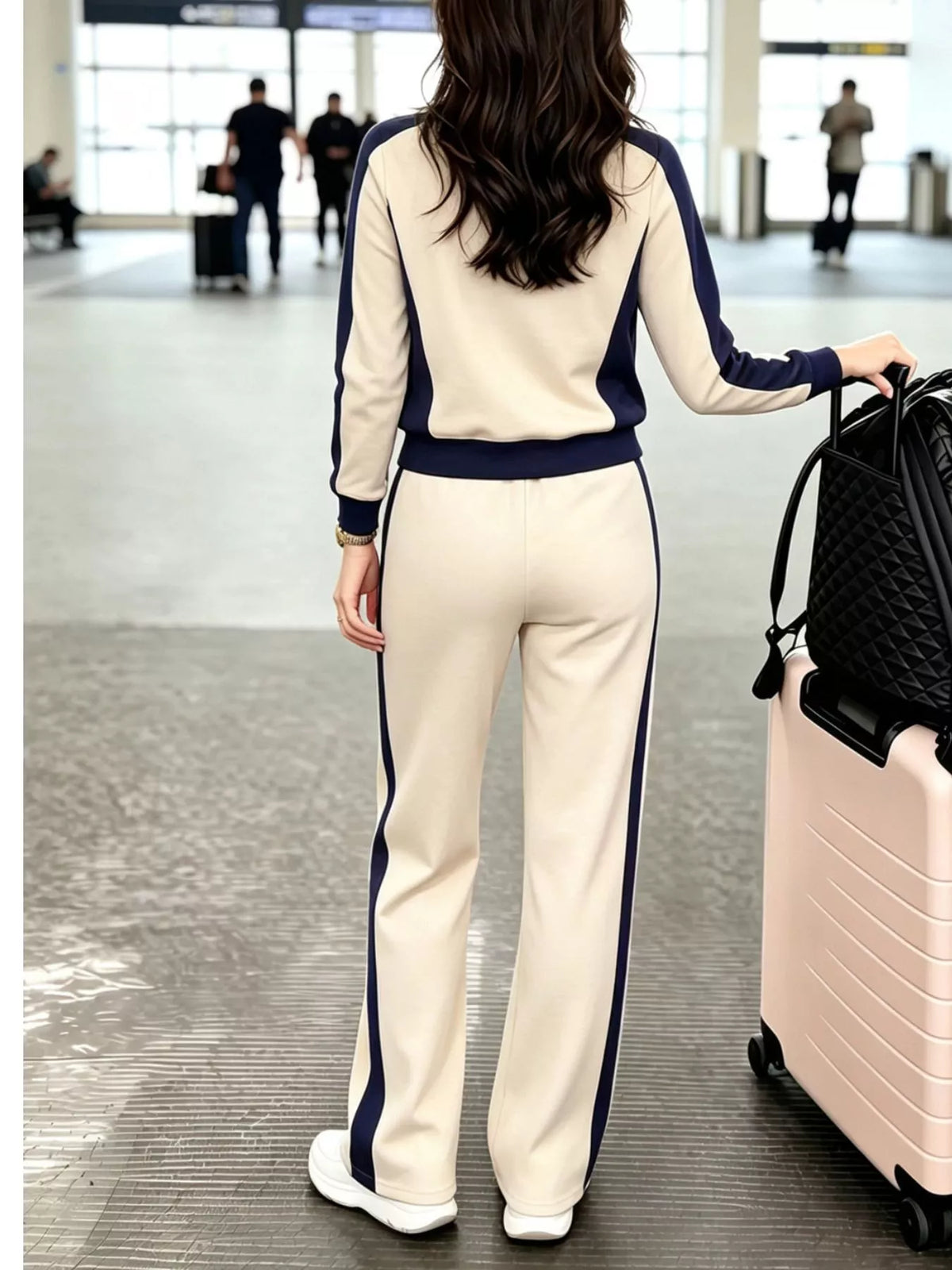 Contrast Side Stripes Top and Pants Set in beige and navy, back view