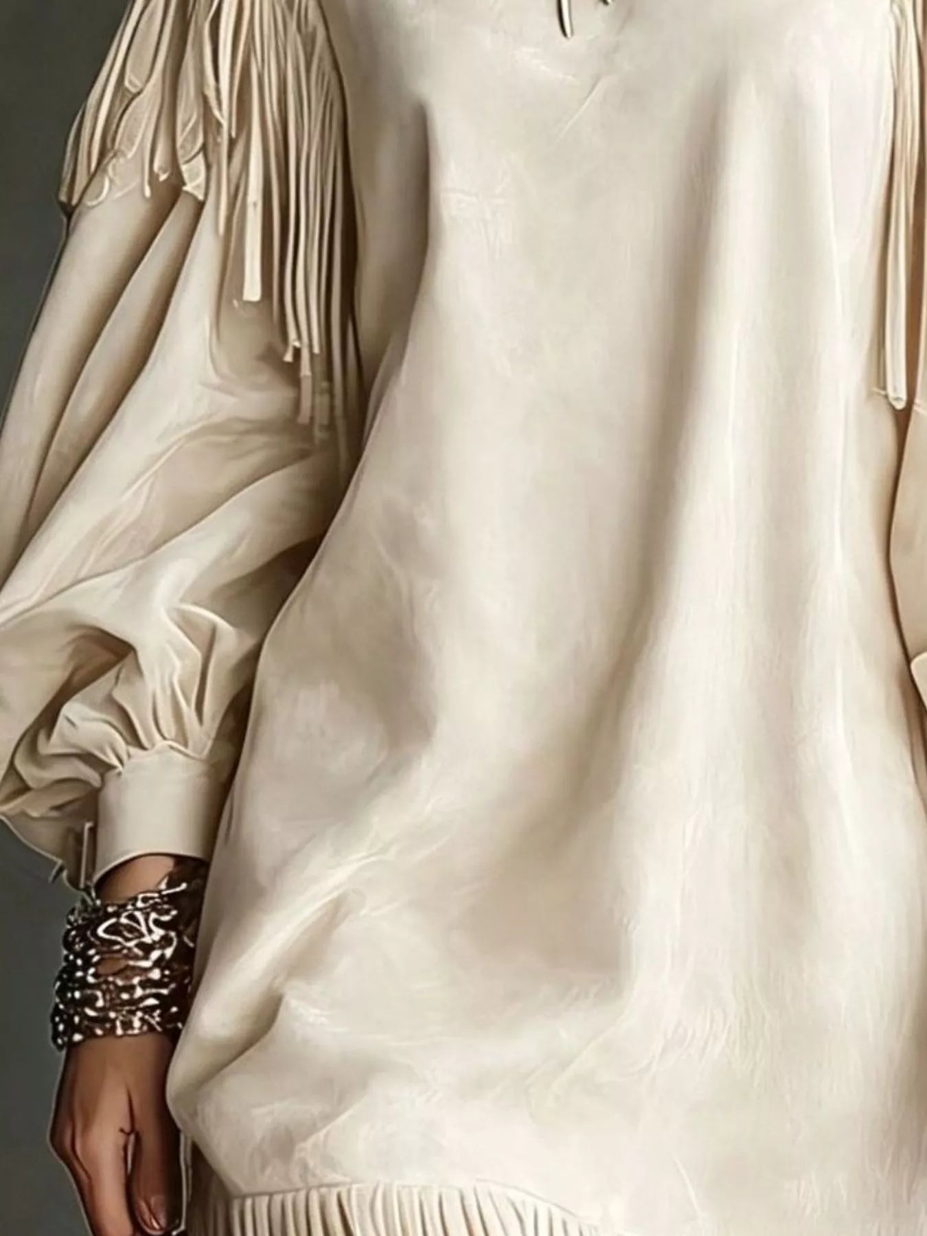 Trendsi Fringe Detail Lantern Sleeve Mini Dress -