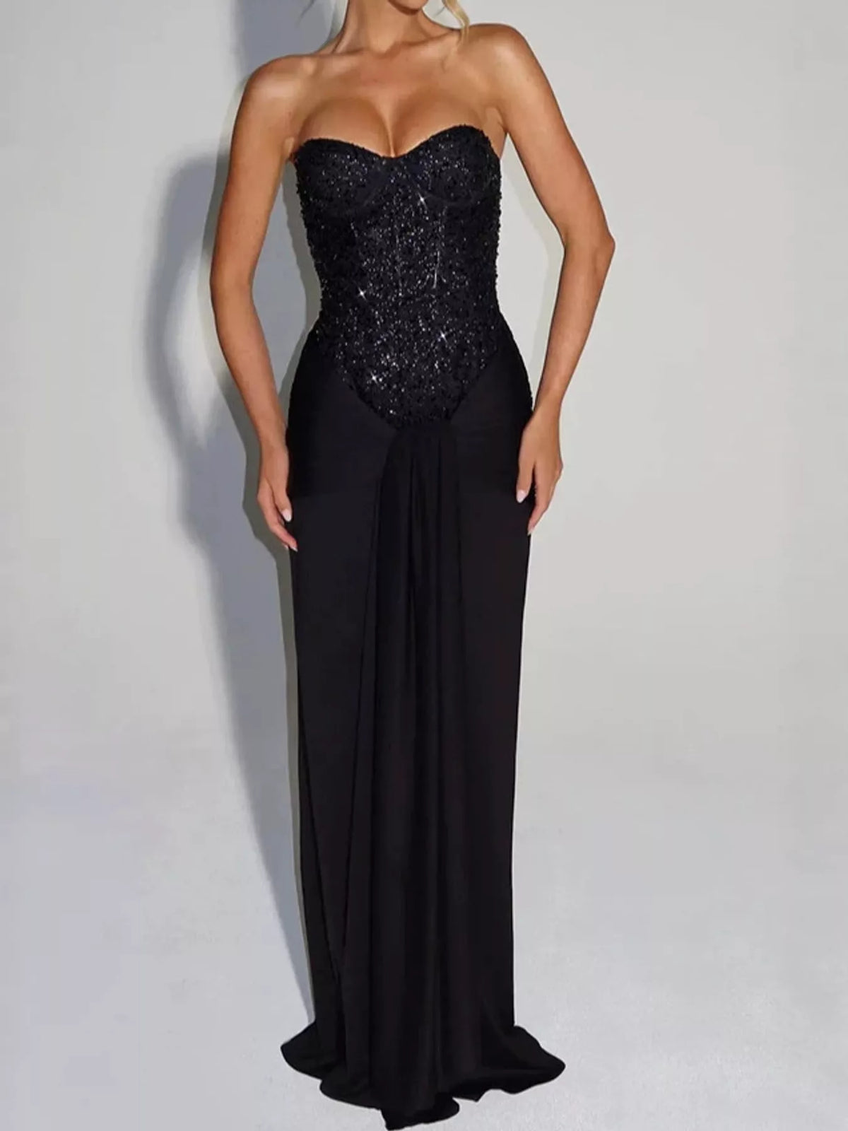 Strapless Sequin Corset Maxi Dress, front view