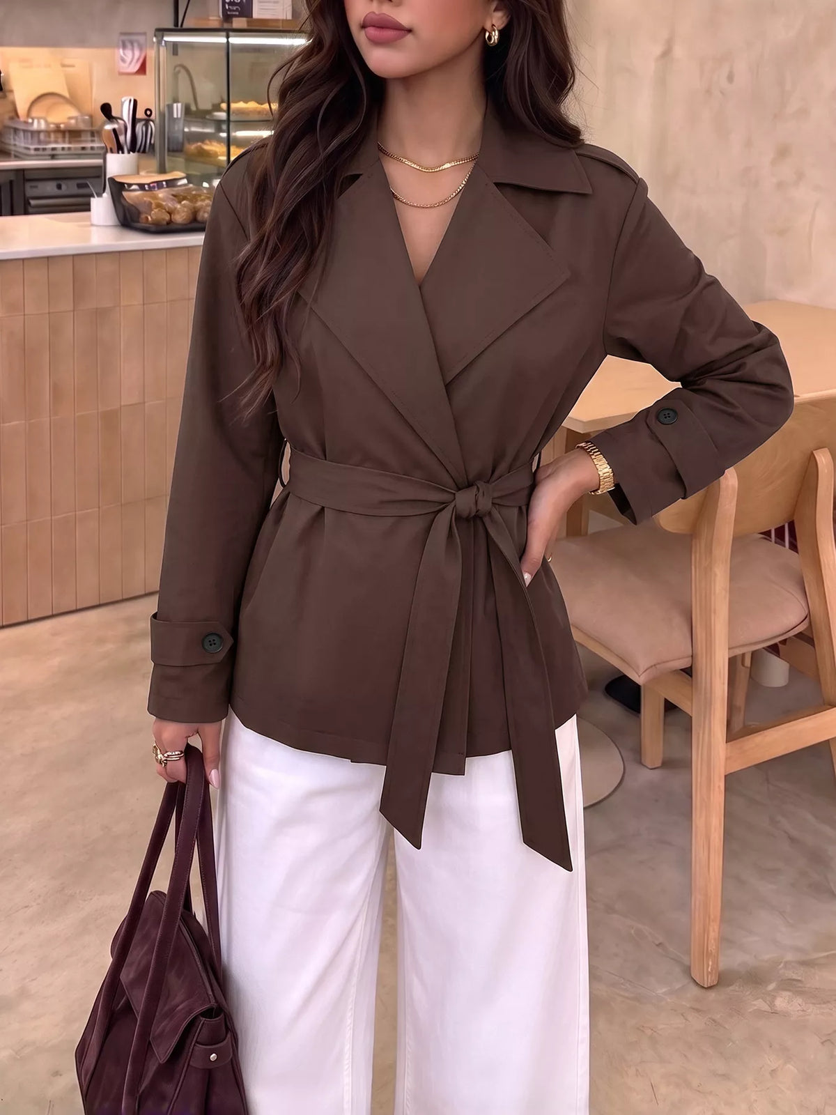 Lapel Collar Tie-Waist Jacket — front view