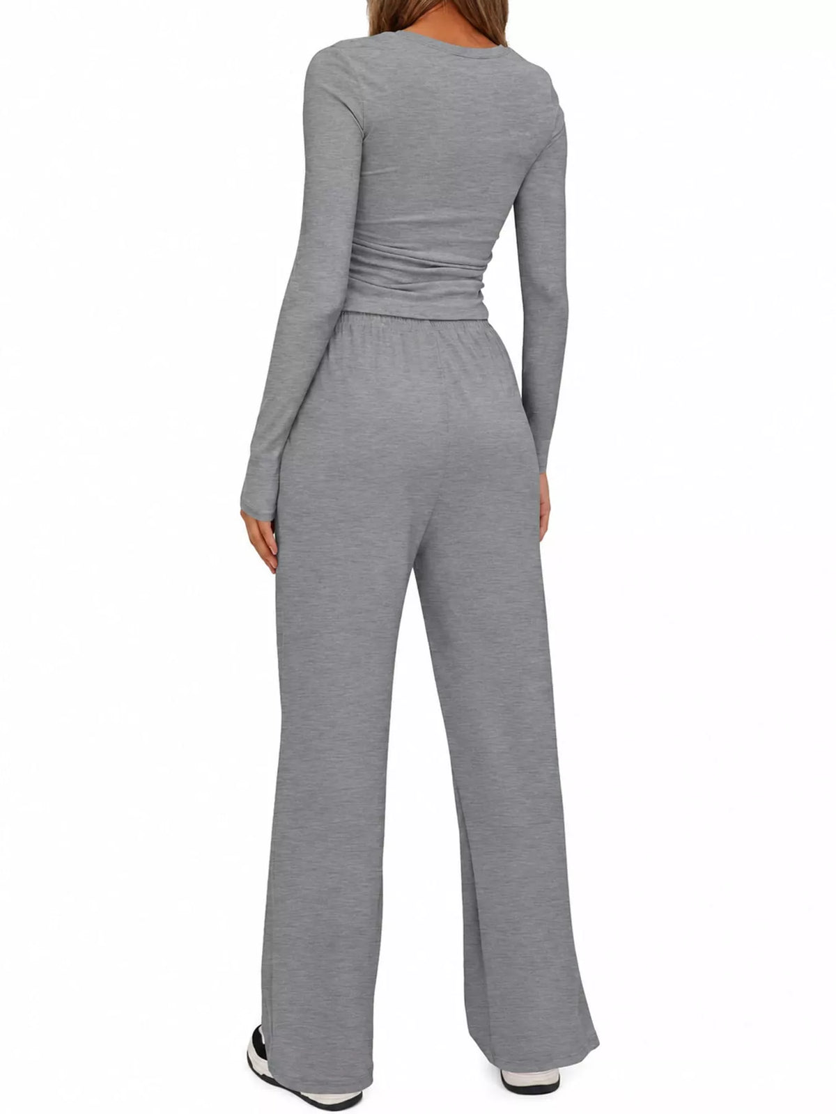 Long Sleeve Top and Wide-Leg Drawstring Pants Set — back view