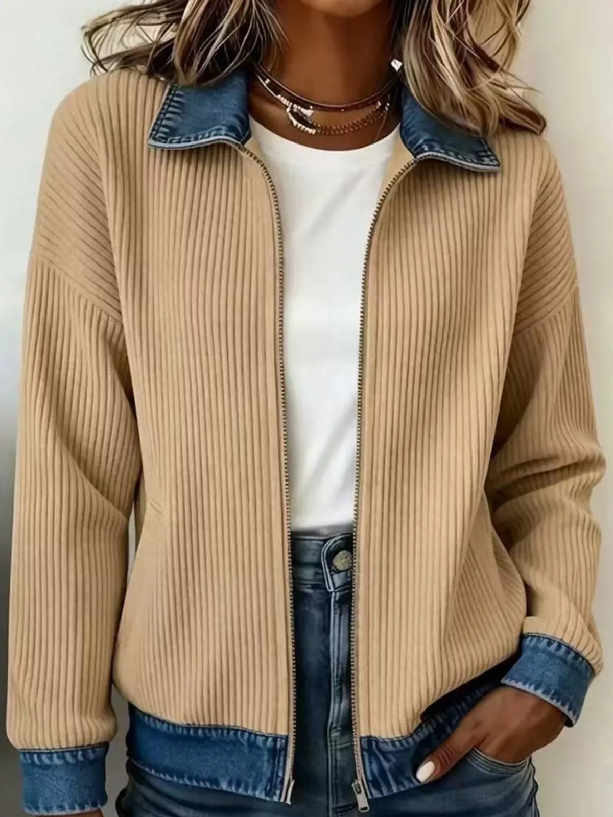 Tan denim-collar ribbed knit zip-up jacket — front view