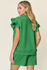 Trendsi Double Take Full Size Texture Flounce Sleeve Top and Drawstring Shorts Set -