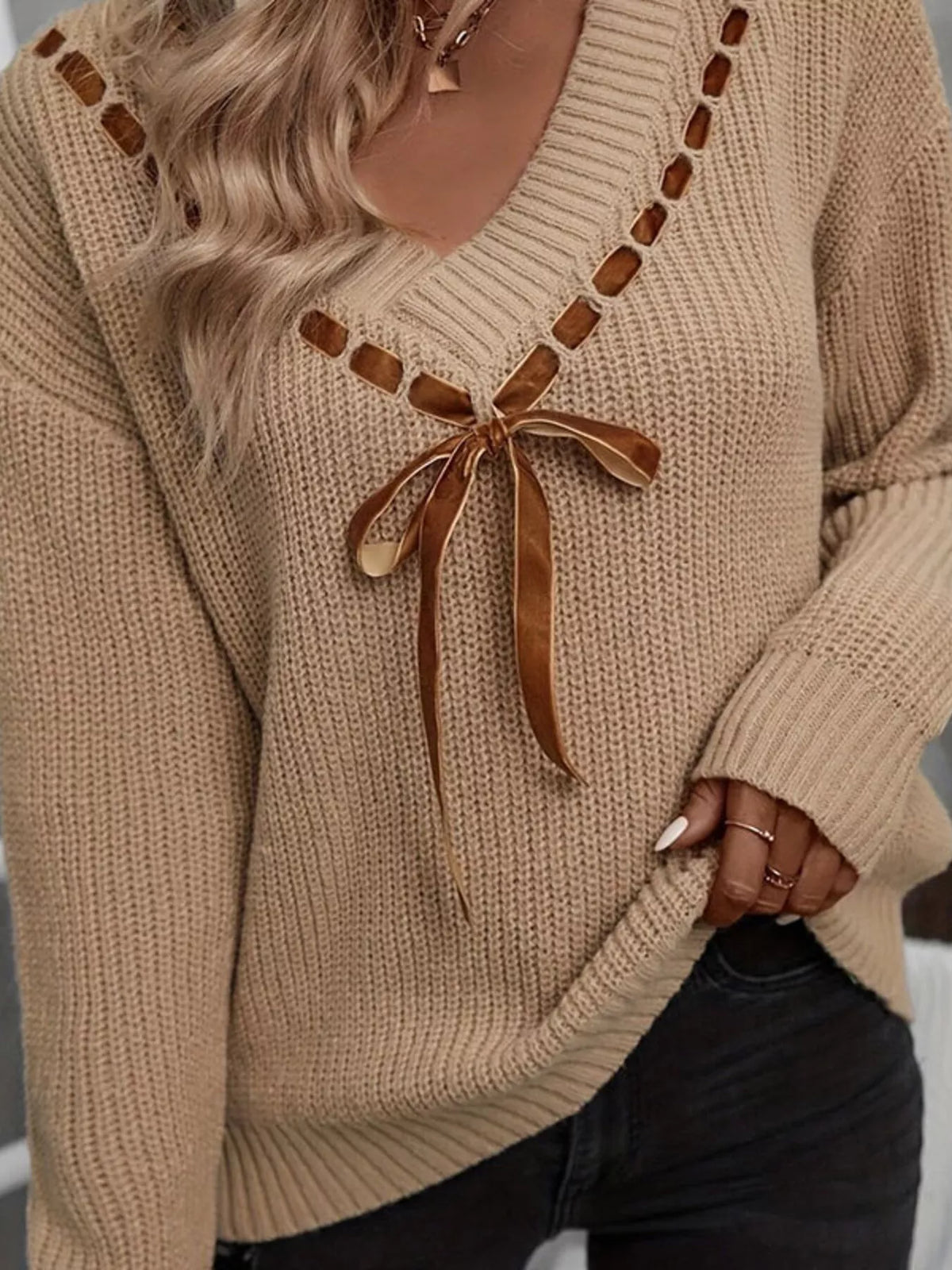 Trendsi Ribbon Tie V-Neck Sweater -