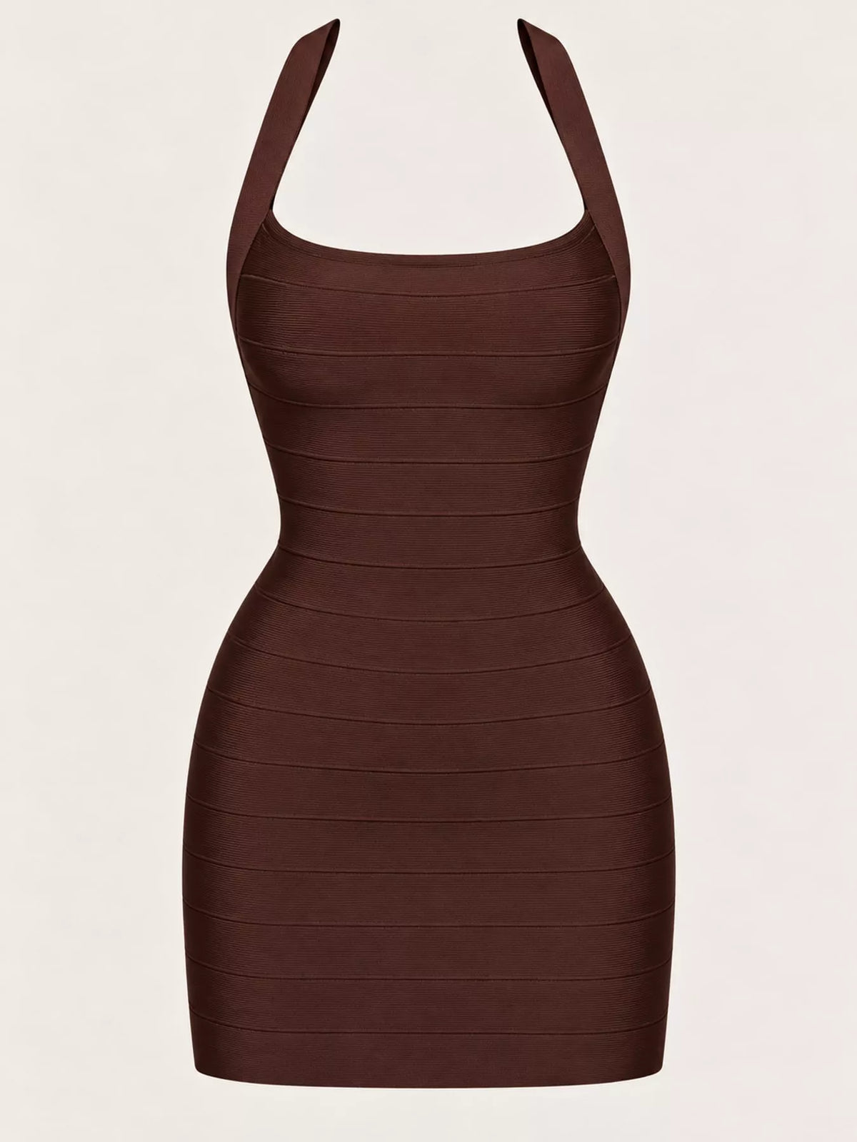 Dark brown halter neck bodycon dress, front view