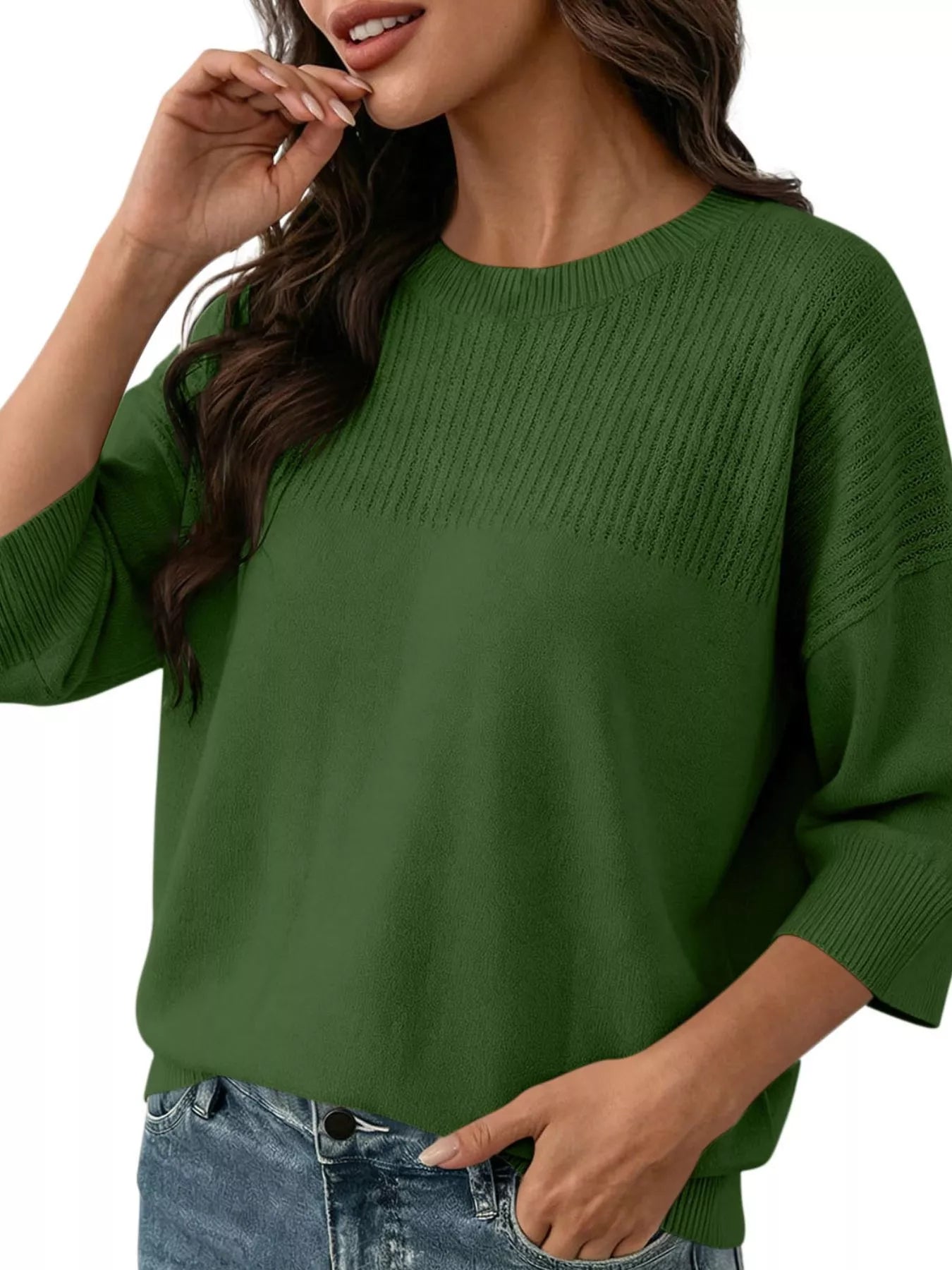 Trendsi Elegant Crew Neck Eyelet Ribbed Sweater -