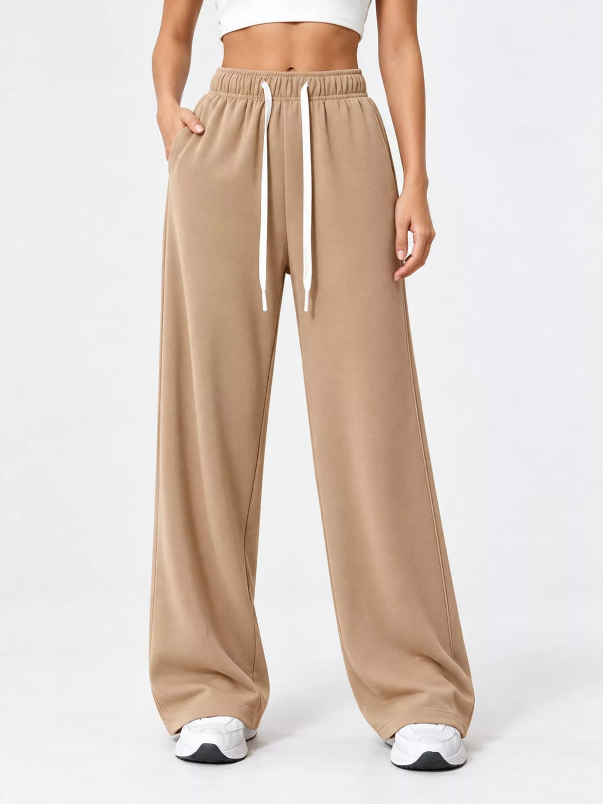 Beige wide-leg drawstring pants