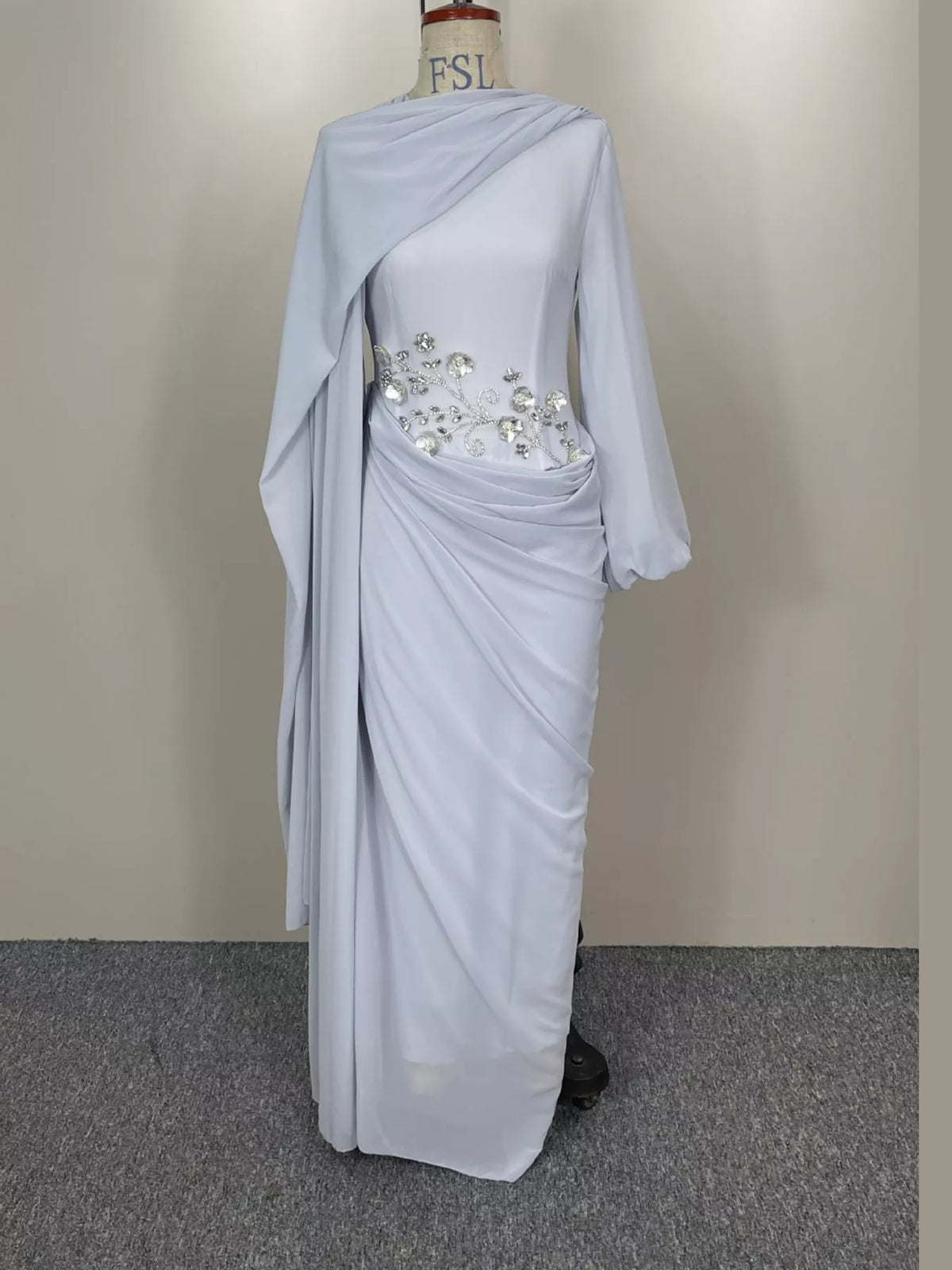 Light blue floral detail long sleeve maxi dress, front view