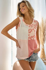 Trendsi BiBi French Terry Color Block Leopard Sleeveless Top -