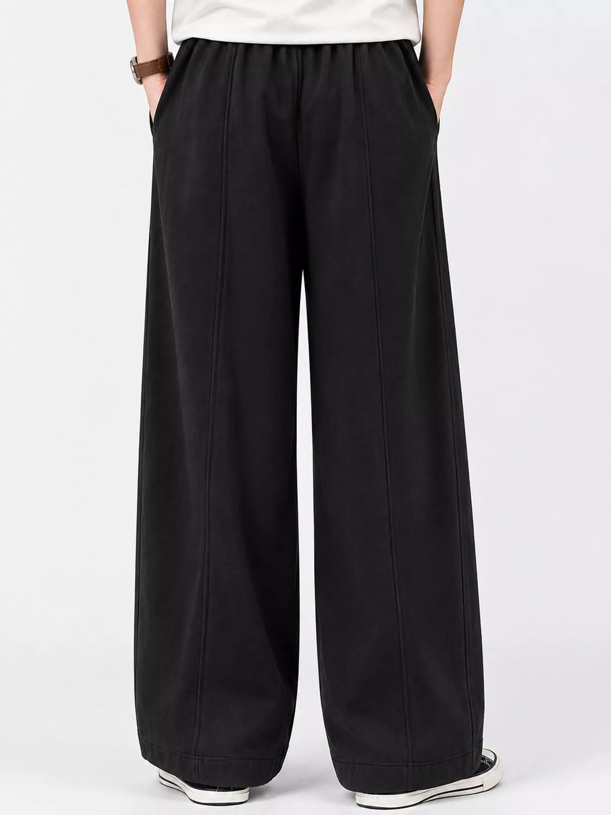 Black wide leg casual pants, back view