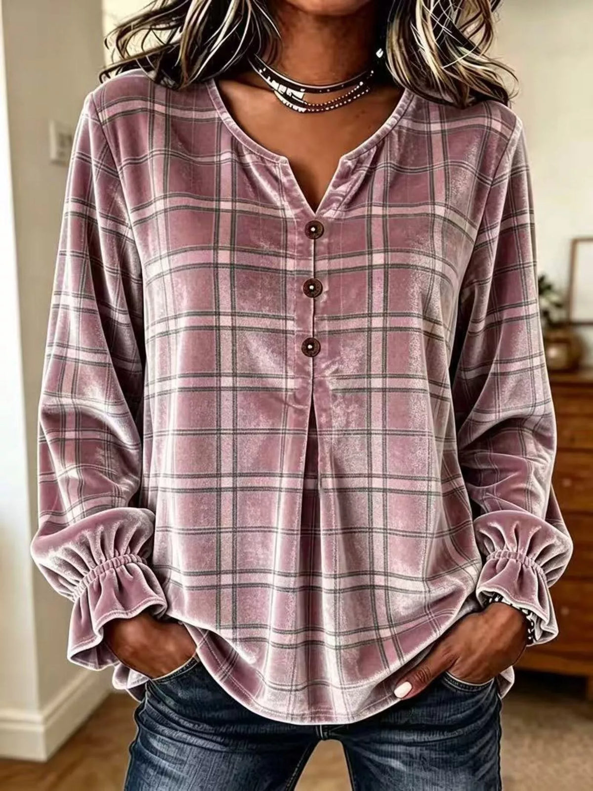 Mauve plaid velvet balloon-sleeve blouse, front view