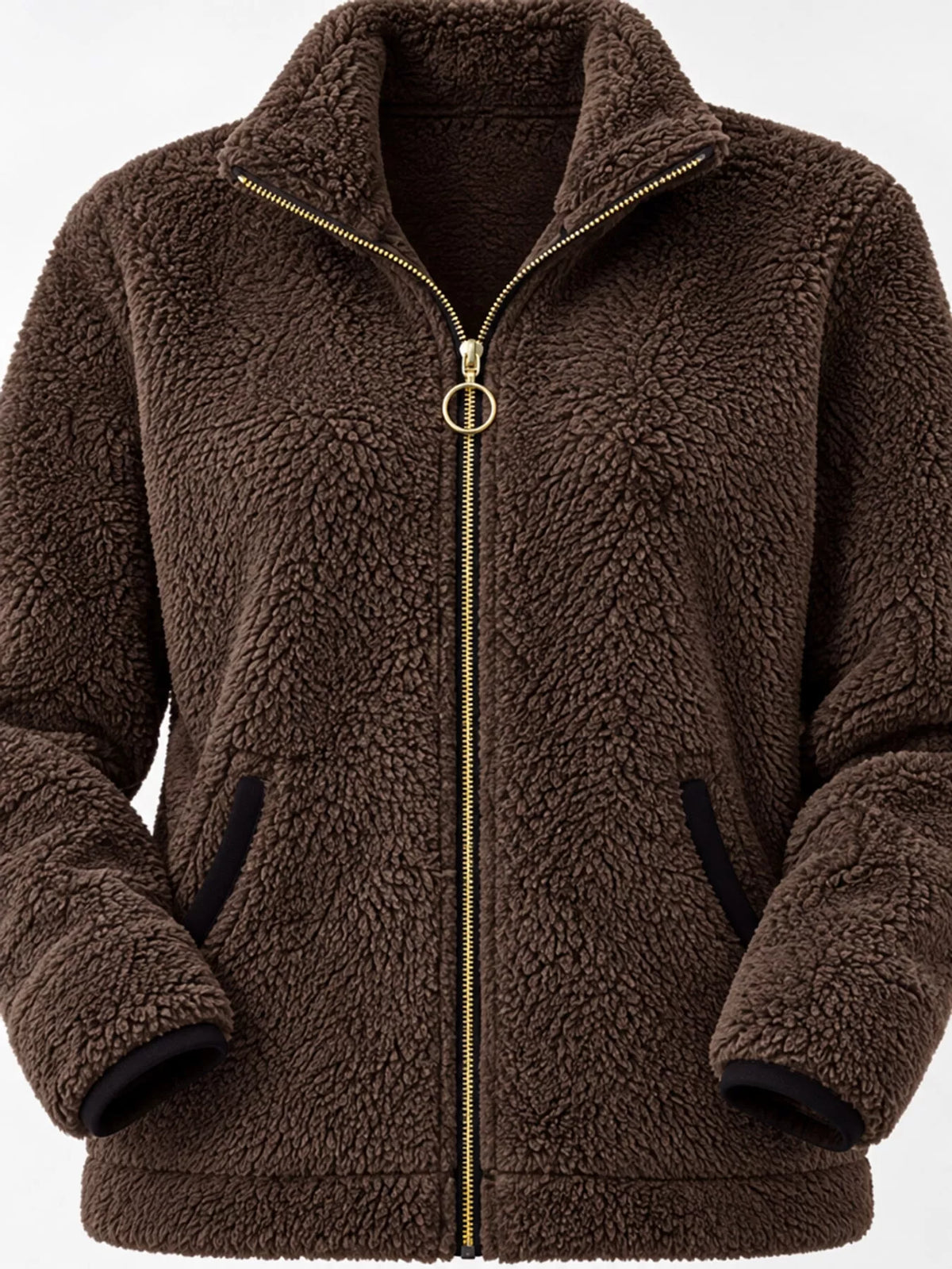 Contrast-trim fleece jacket, brown zip pocket detail