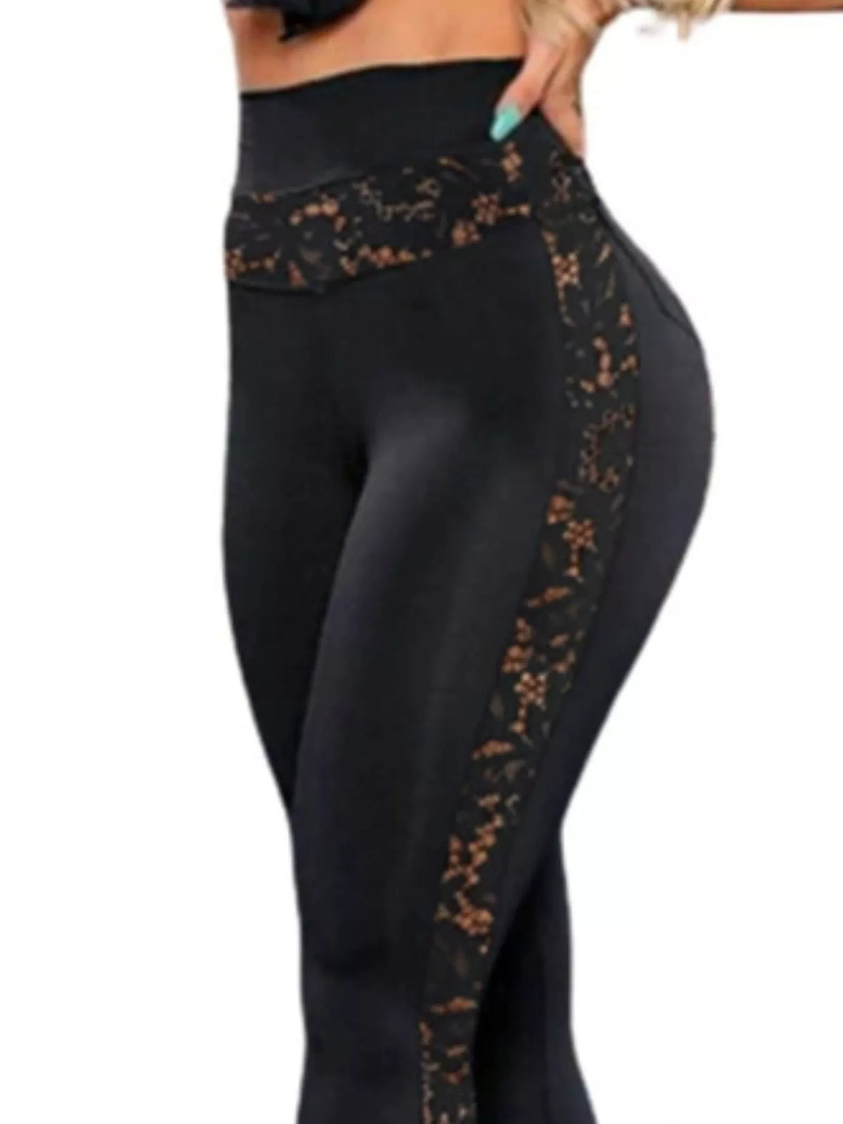 Black high-waisted floral lace-trimmed leggings