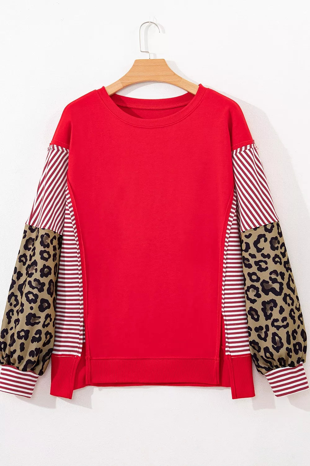 Trendsi Leopard and Striped Patchwork Sleeves Sweatshirt -