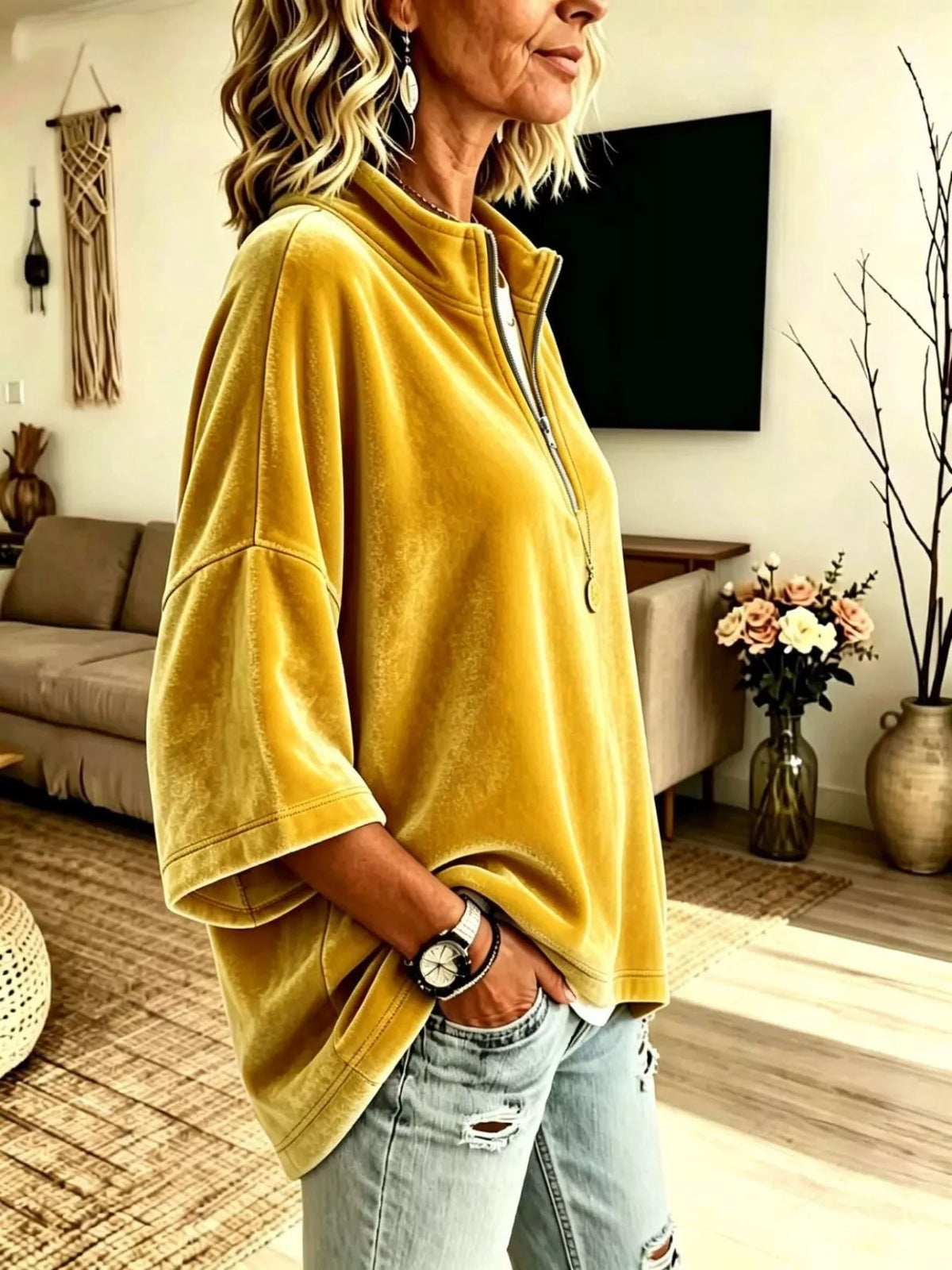 Trendsi Full Size Velvet Quarter-Zip Sweatshirt Plus Size -