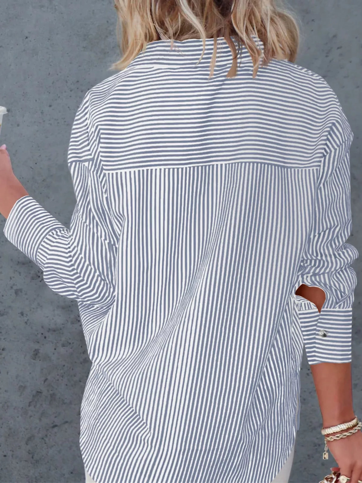 Gray striped button-down shirt, back view
