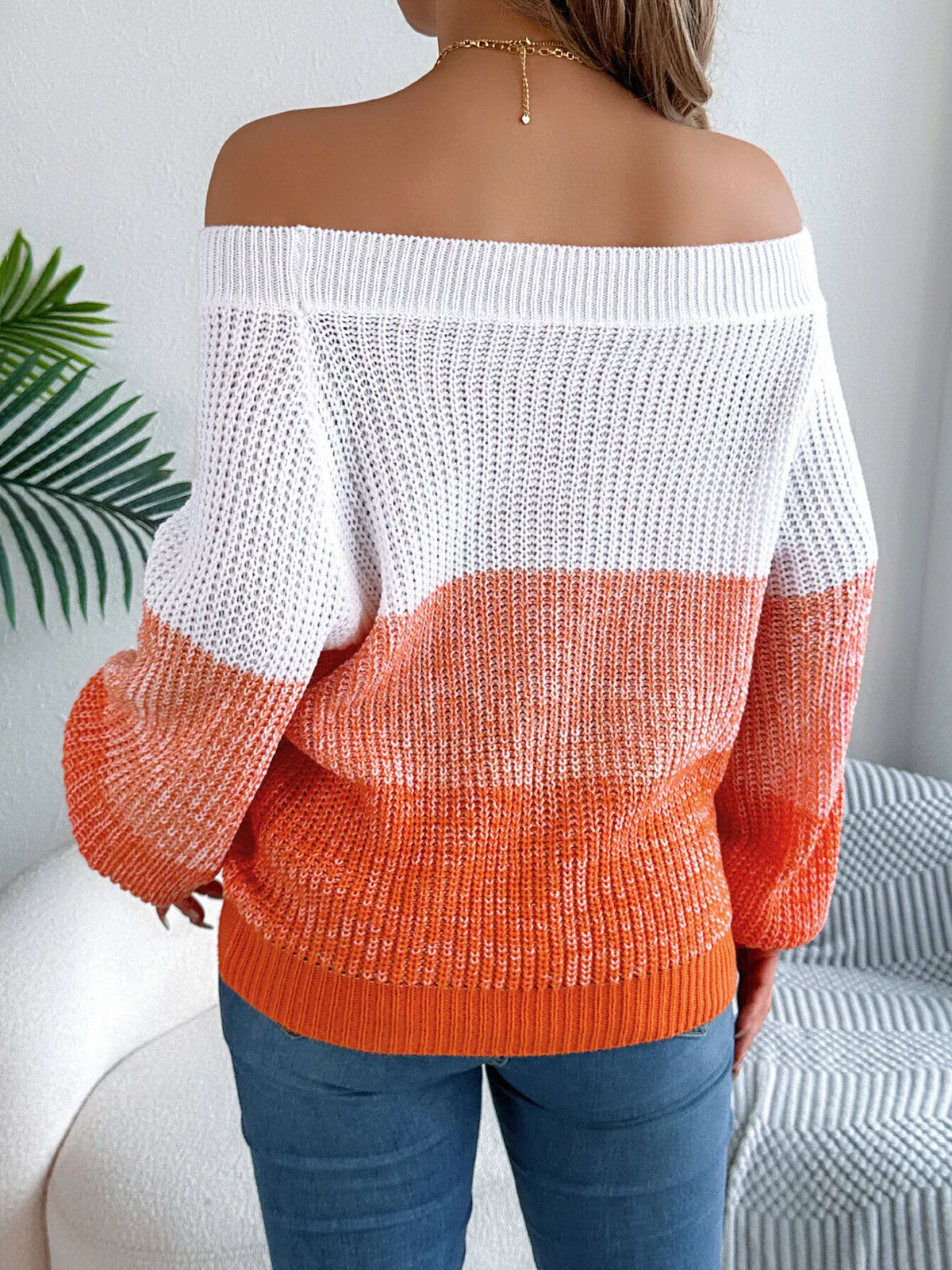Off-Shoulder Color Block Sweater in orange, back view