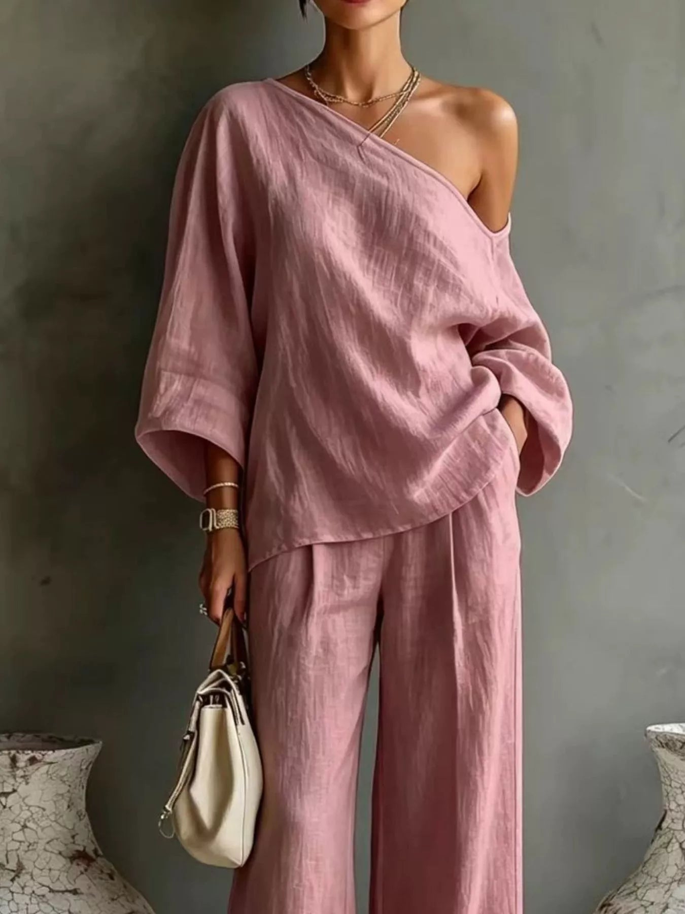 Trendsi One Shoulder Top and Wide Leg Pants Set -
