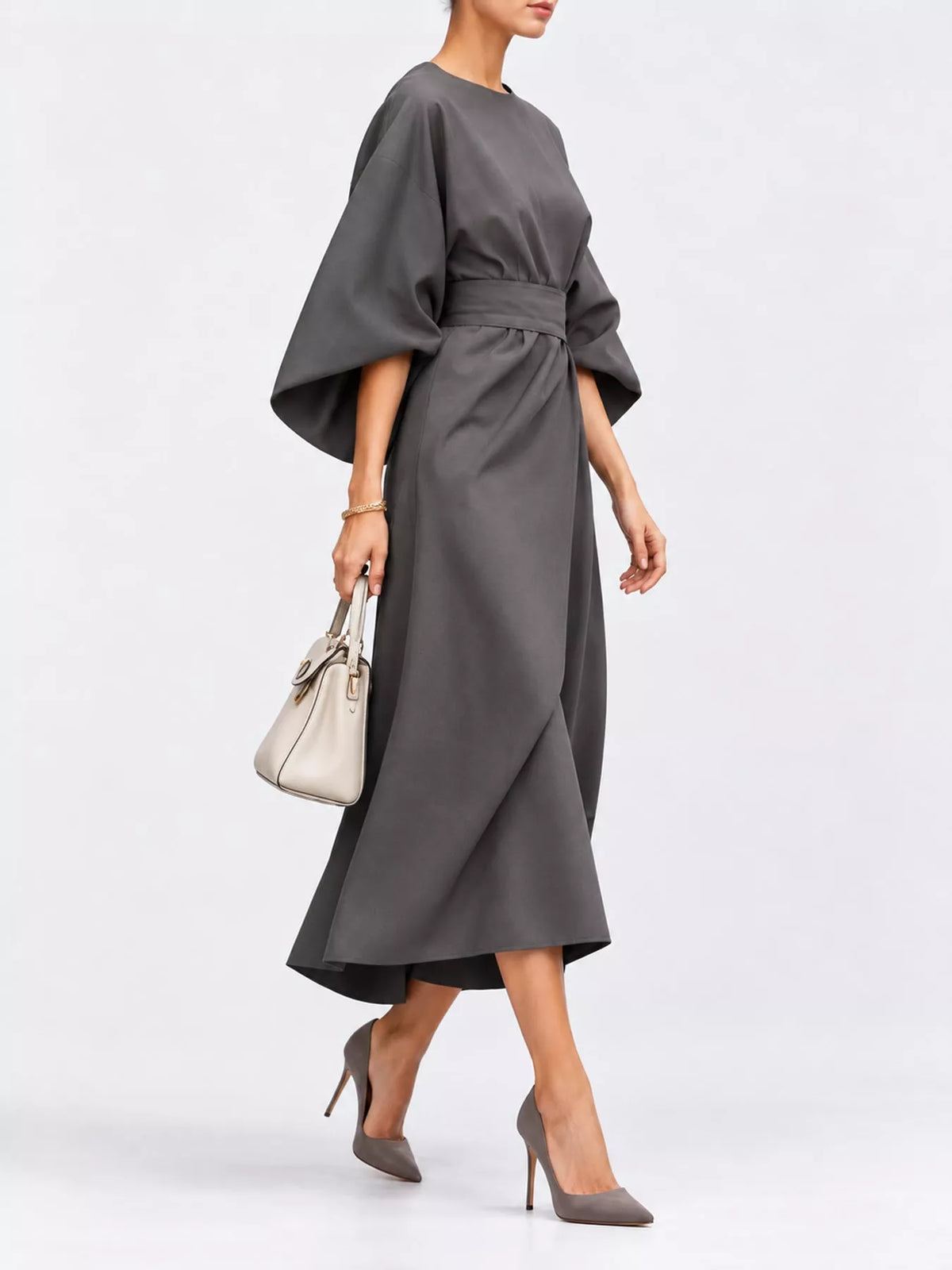 Gray round neck kimono sleeve midi dress