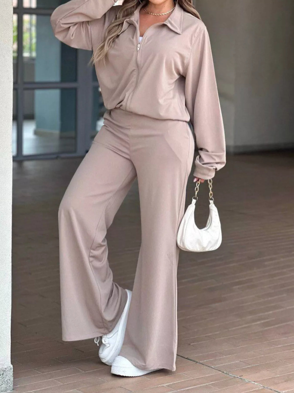 Zip-Up Jacket and Wide-Leg Pants Set, front view