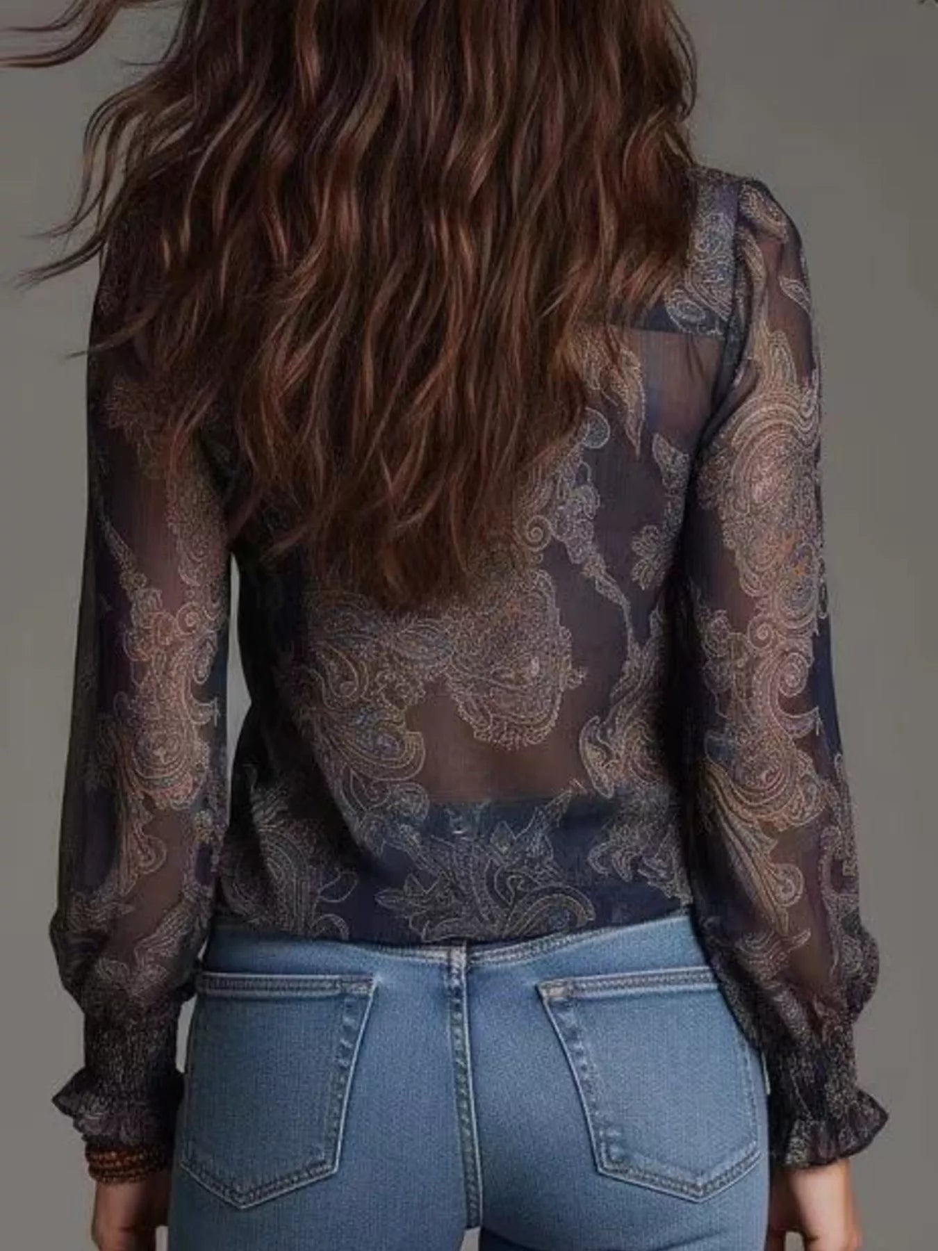 Trendsi Full Size Paisley Print Ruffle Trim Zip-Front Blouse Plus Size -