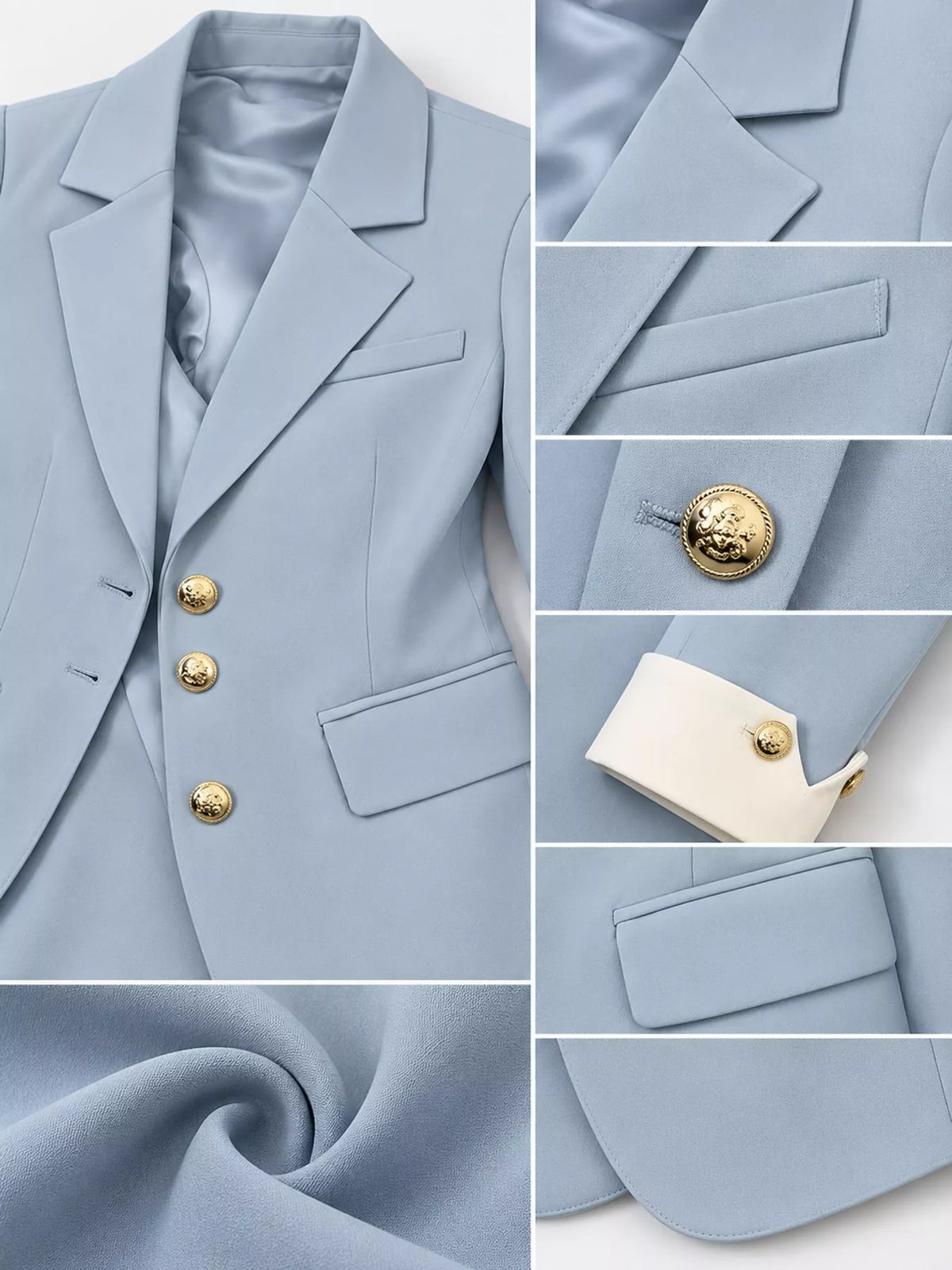 Blue single-breasted blazer with gold-tone buttons, lapel, buttons, pocket, and contrast cuff