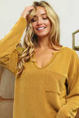 Trendsi BiBi Wavy Two Tone Rib Notch Neck Patch Pocket Top -