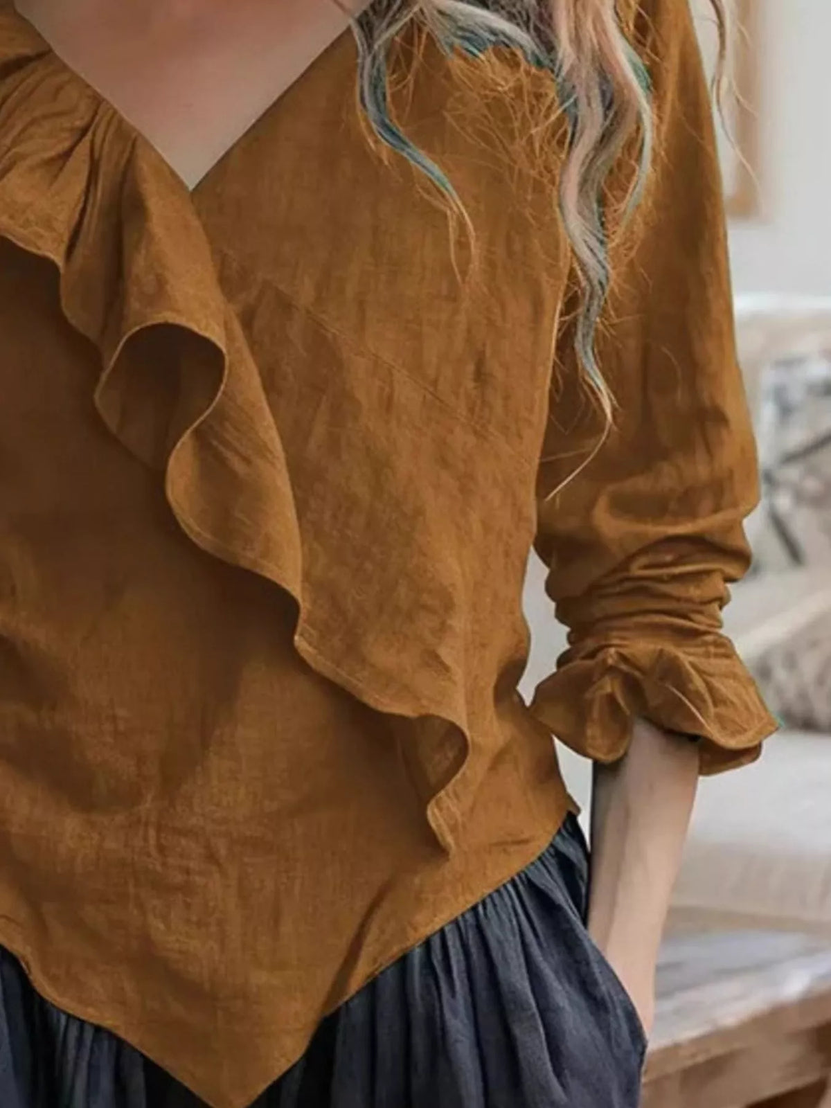 Trendsi V-Neck Ruffled Long Sleeve Blouse -
