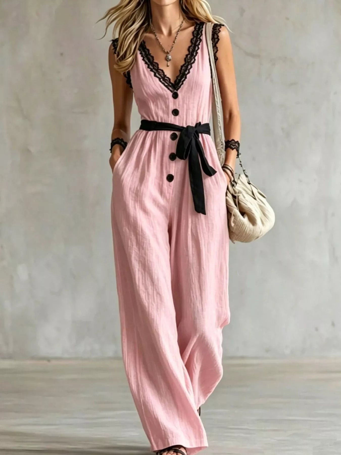 Trendsi Lace Trim Sleeveless Wide Leg Jumpsuit -