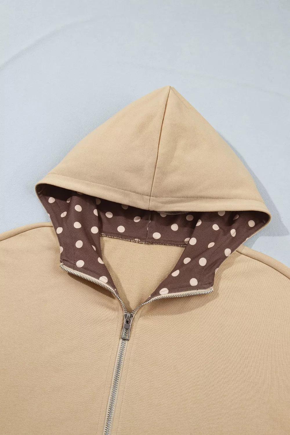 Polka Dot Zip-Up Hoodie in beige, hood lining detail