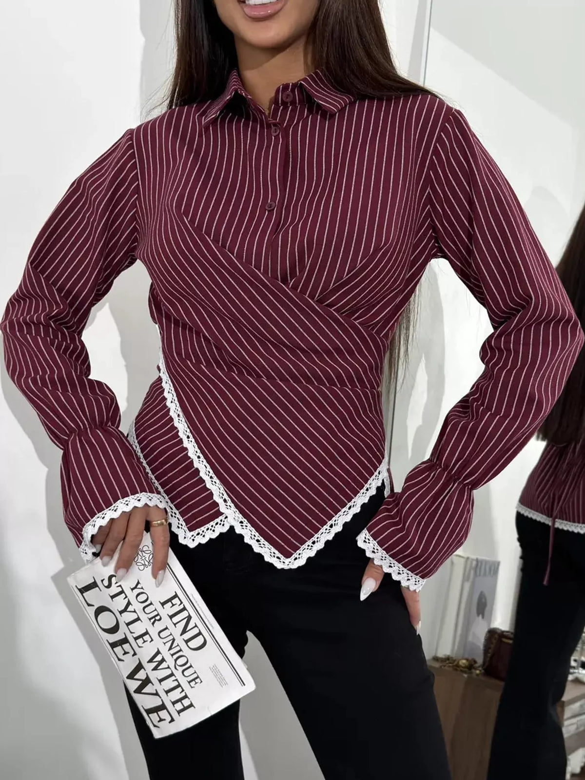 Lace-trim striped shirt, burgundy front