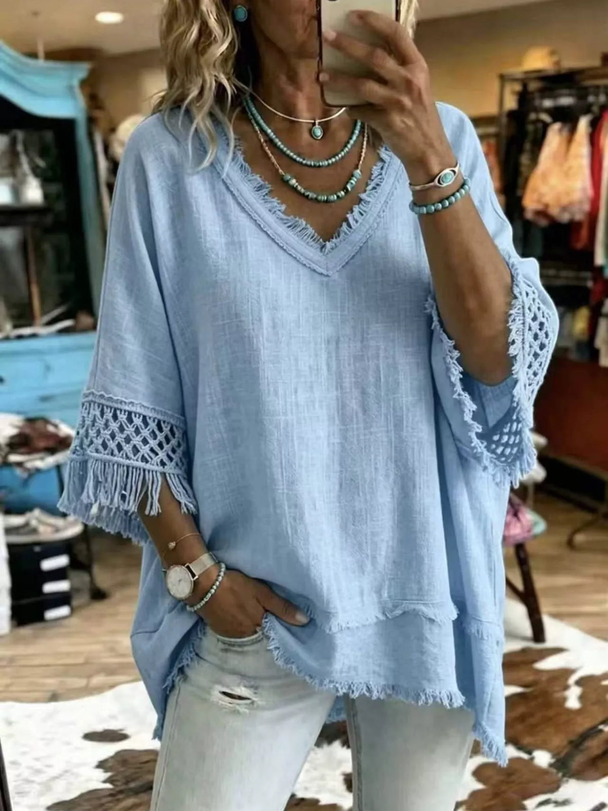 Blue Fringe Trim V-Neck Loose Fit Blouse front view