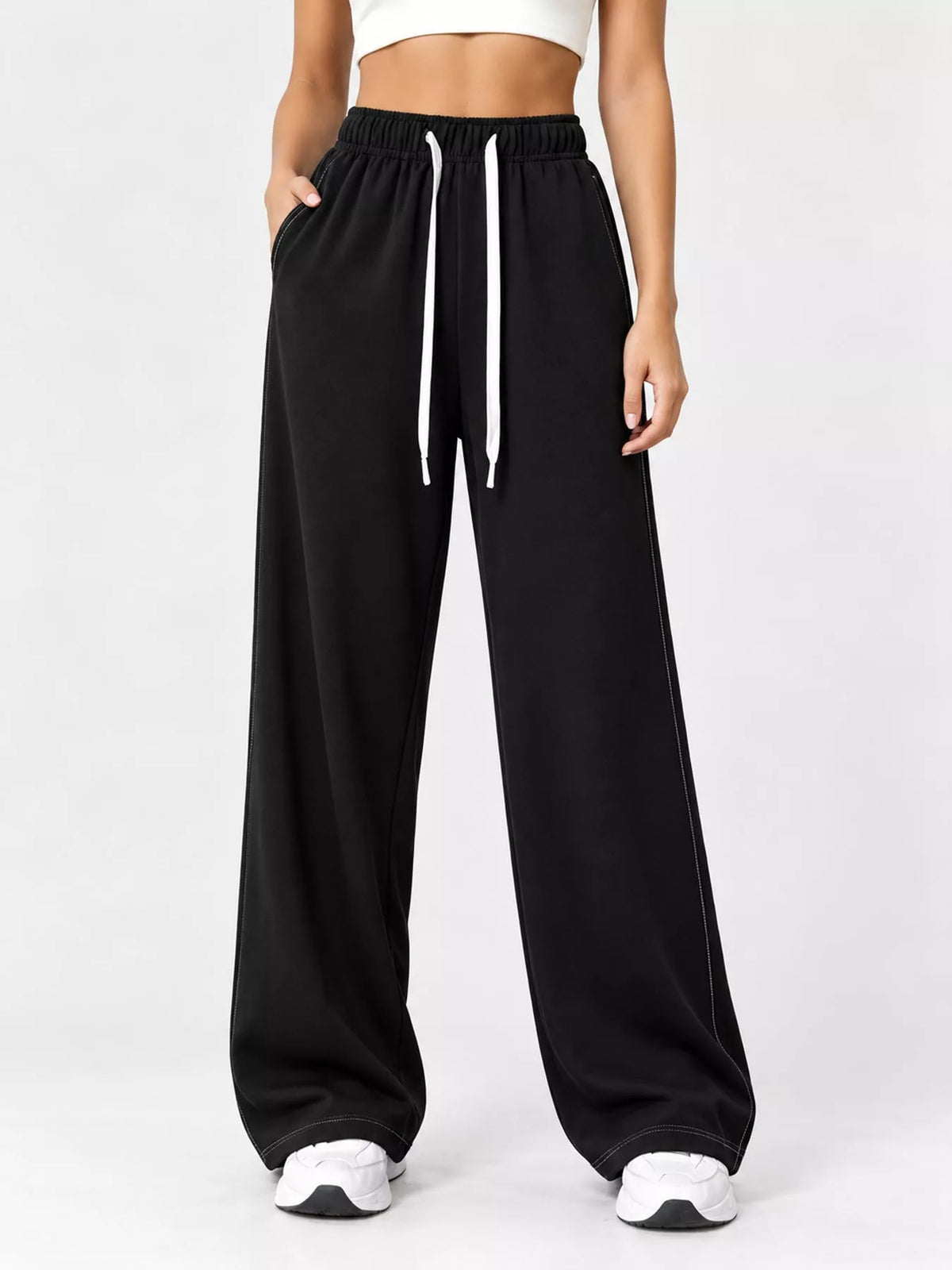 Black wide-leg pants with drawstring