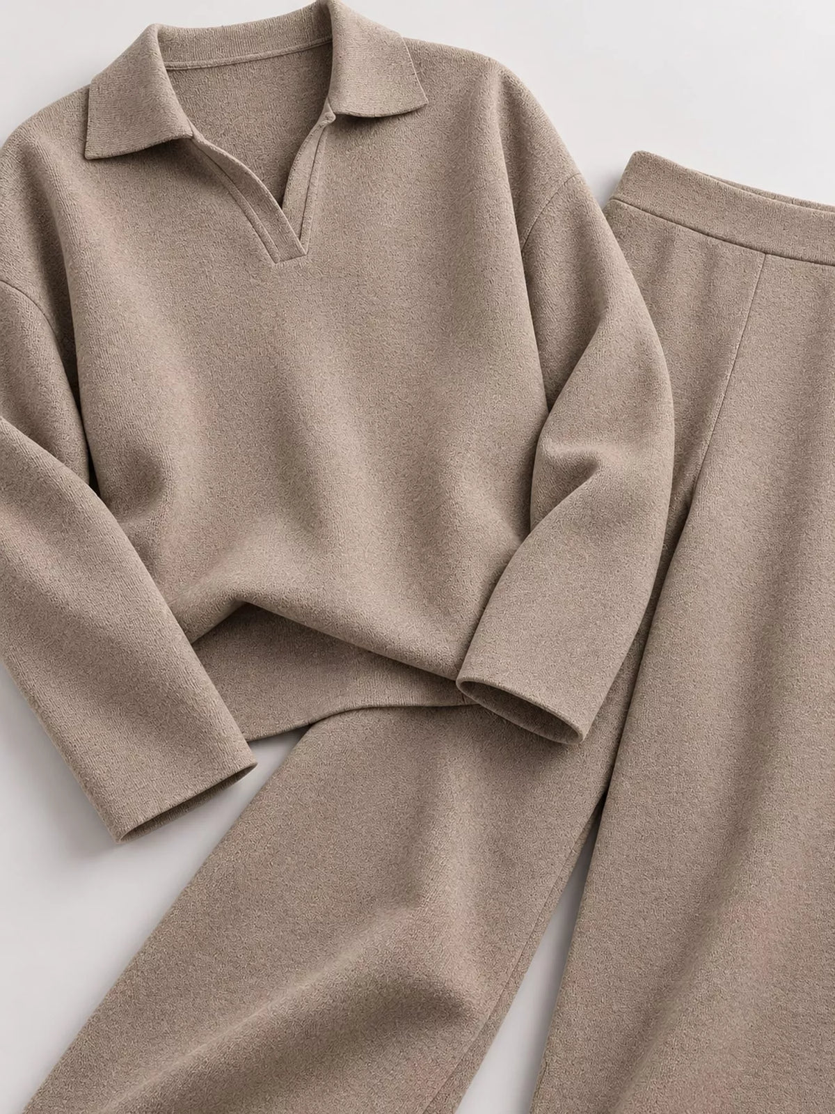 Polo top and pants set, taupe collar cuff front