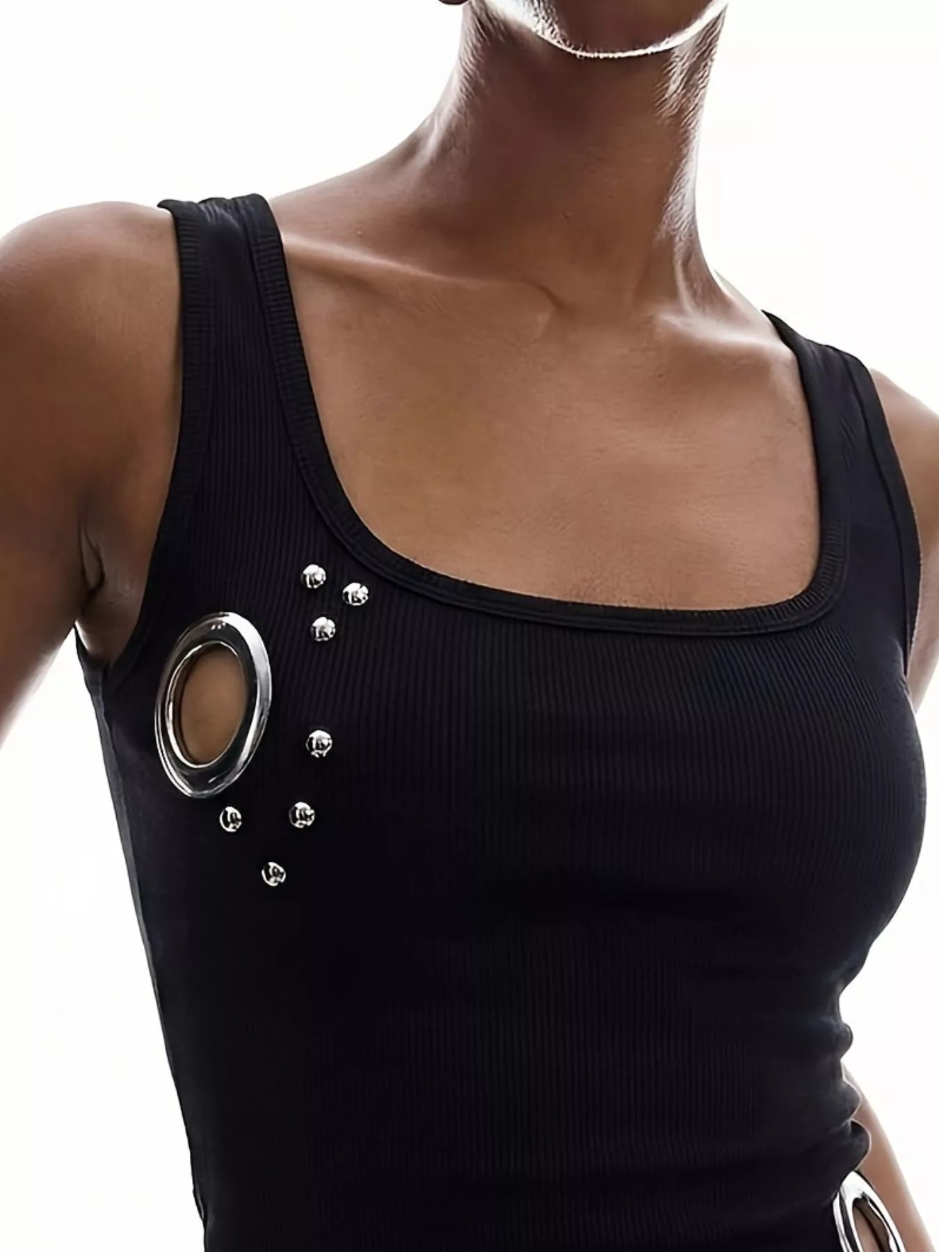 Trendsi Ribbed Tank Top with Metal Grommet Cutouts and Stud Embellishments -