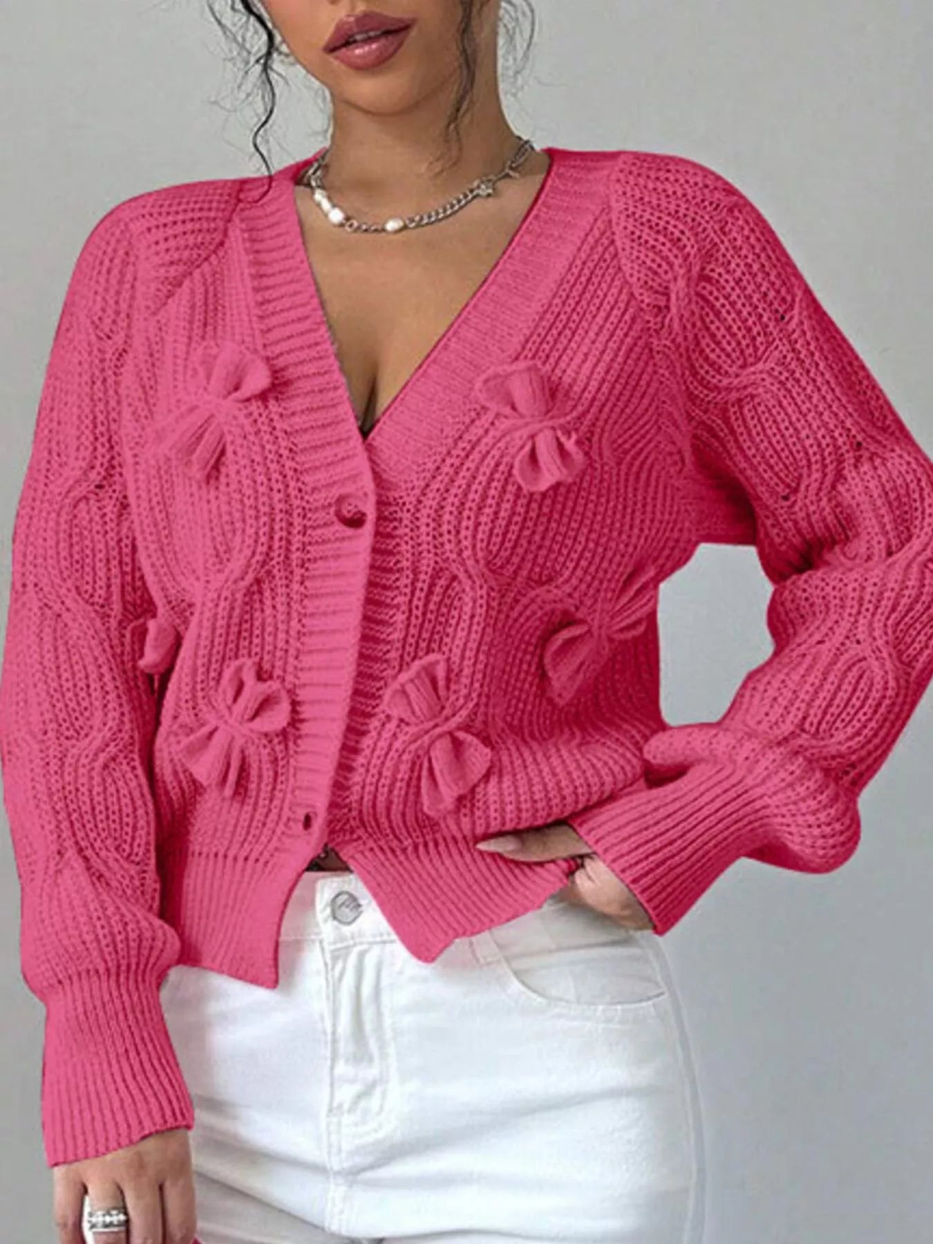 Trendsi Bow Cable Knit V-Neck Cardigan -