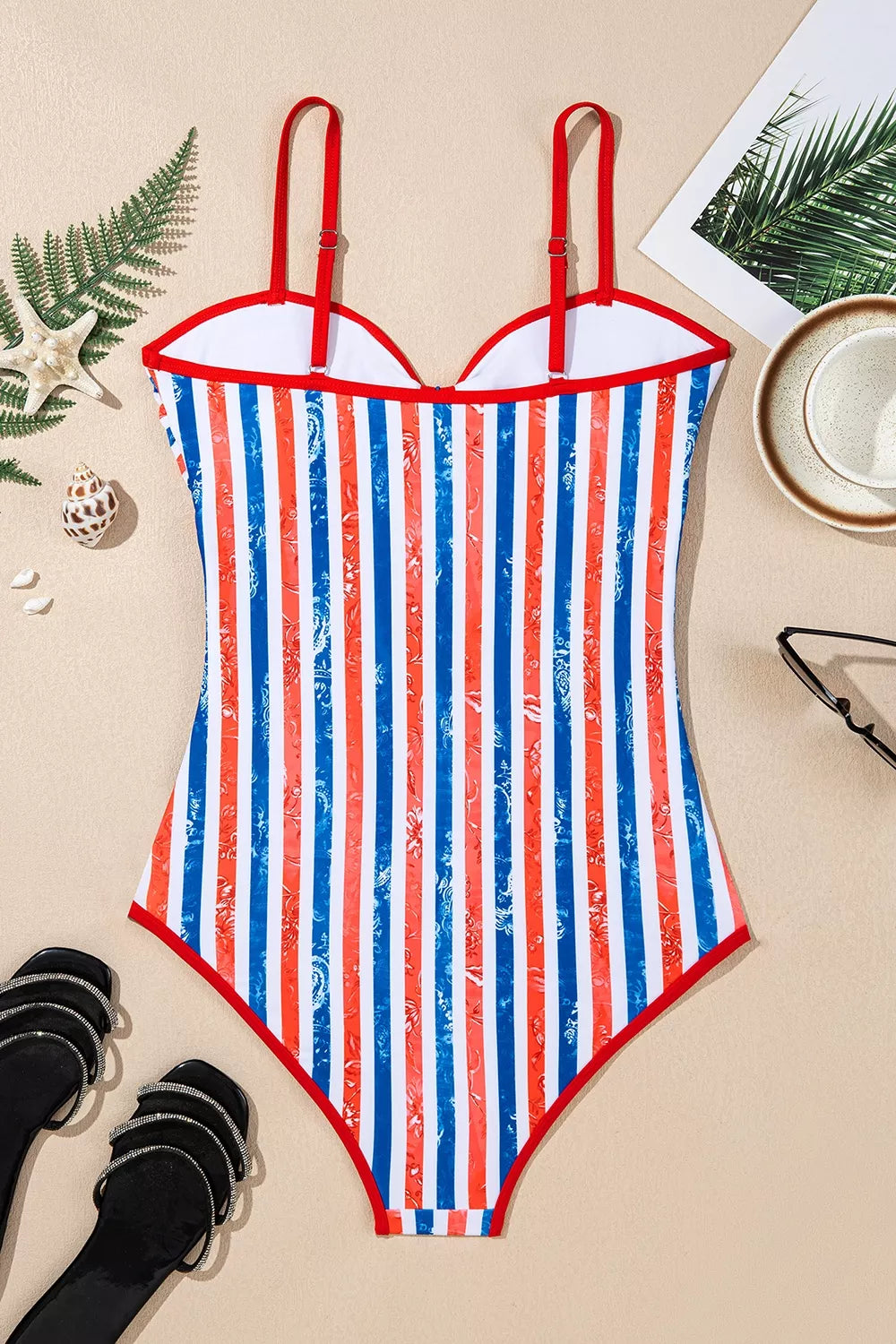 Trendsi July 4th Stripes Impression Cutout Spaghetti Straps One Piece Swimsuit -
