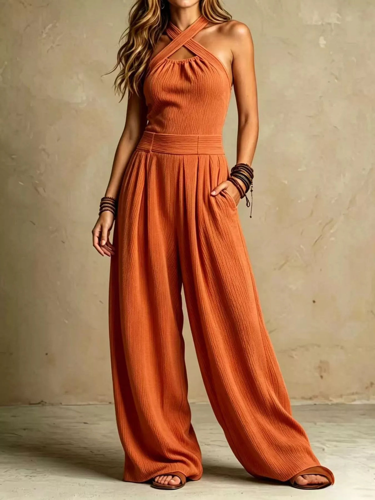 Orange Halter Neck Wide-Leg Jumpsuit front view