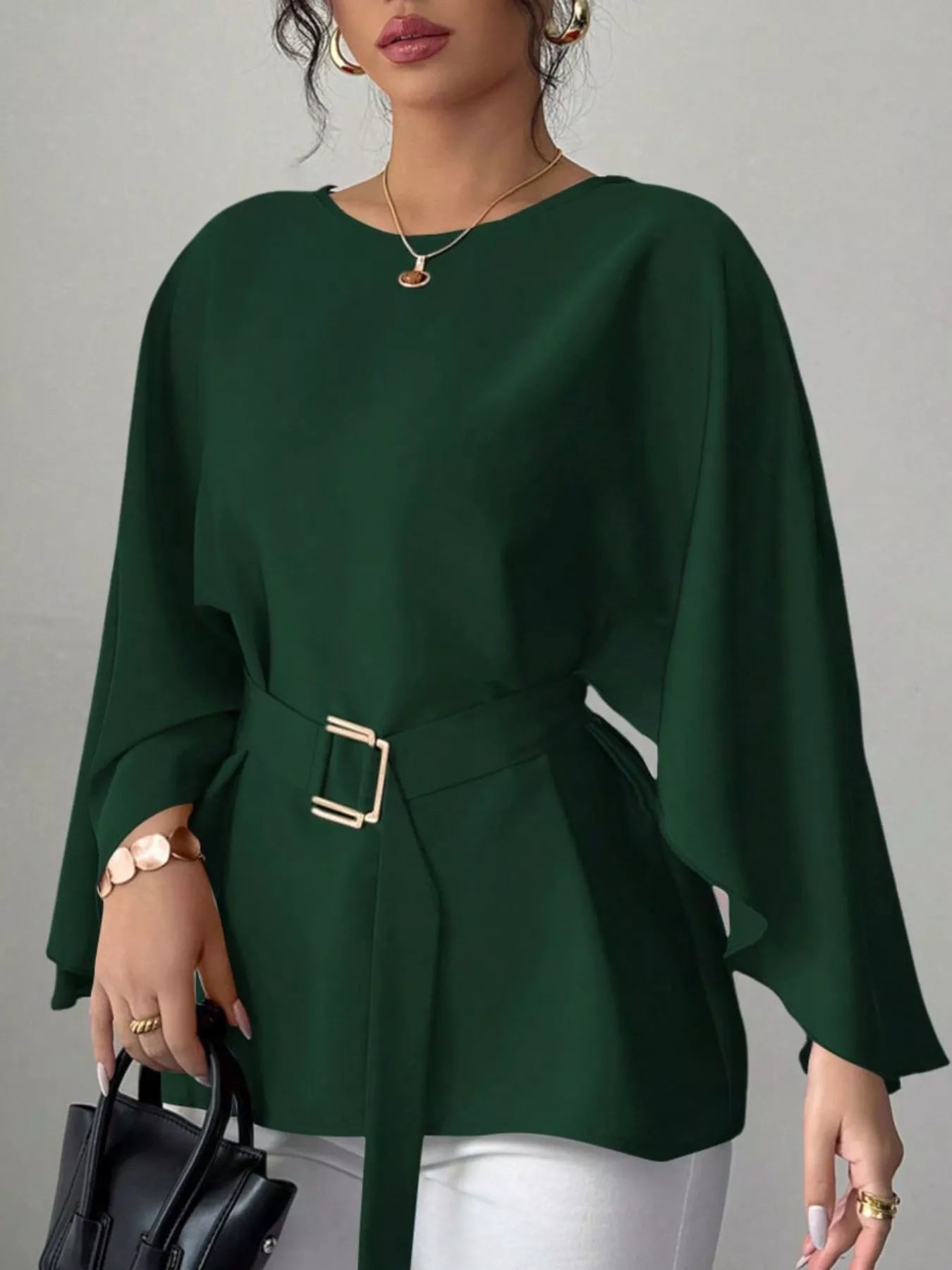 Round-neck belt batwing-sleeve blouse