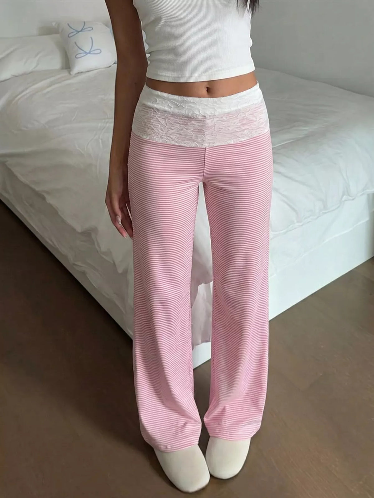Lace Detail Striped Pants in pink, front view