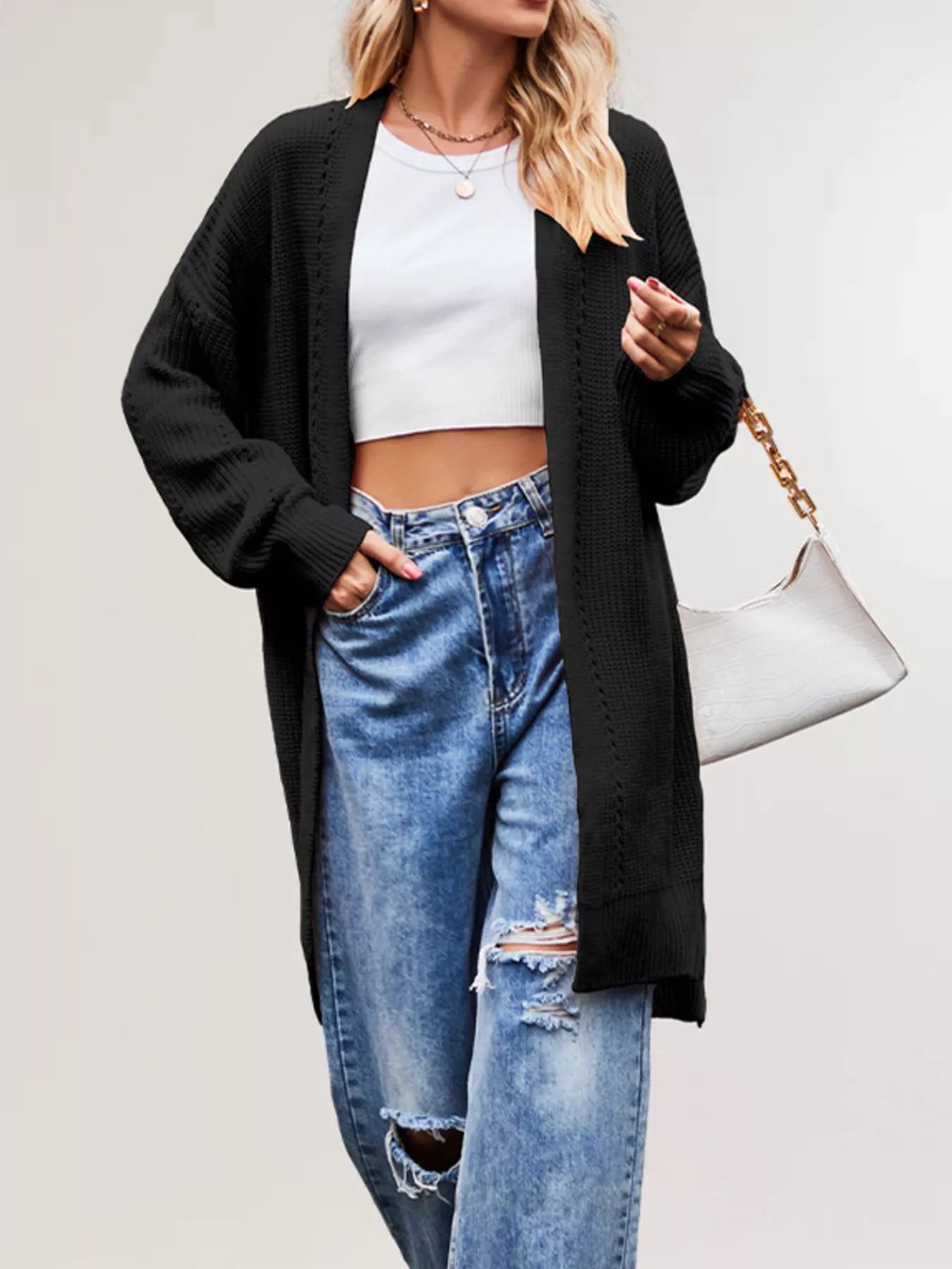 Trendsi Open Front Openwork Knit Longline Cardigan -