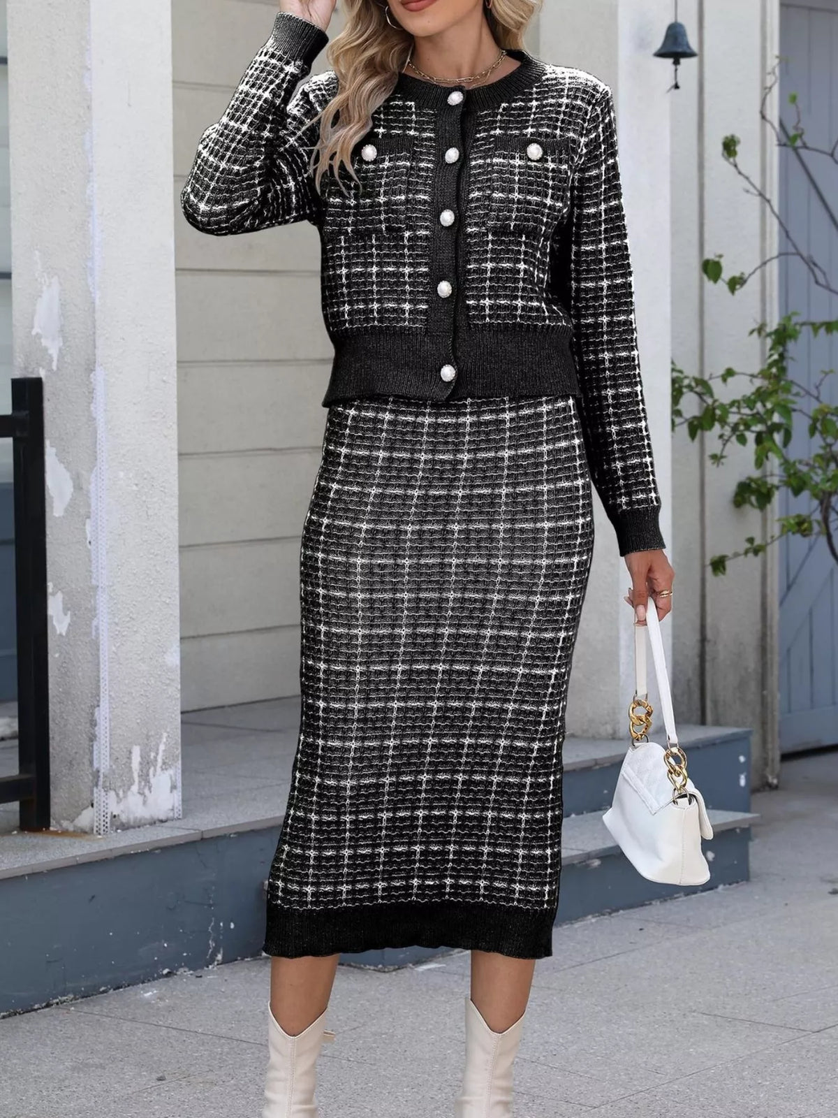 Plaid Cardigan and Midi Skirt Set