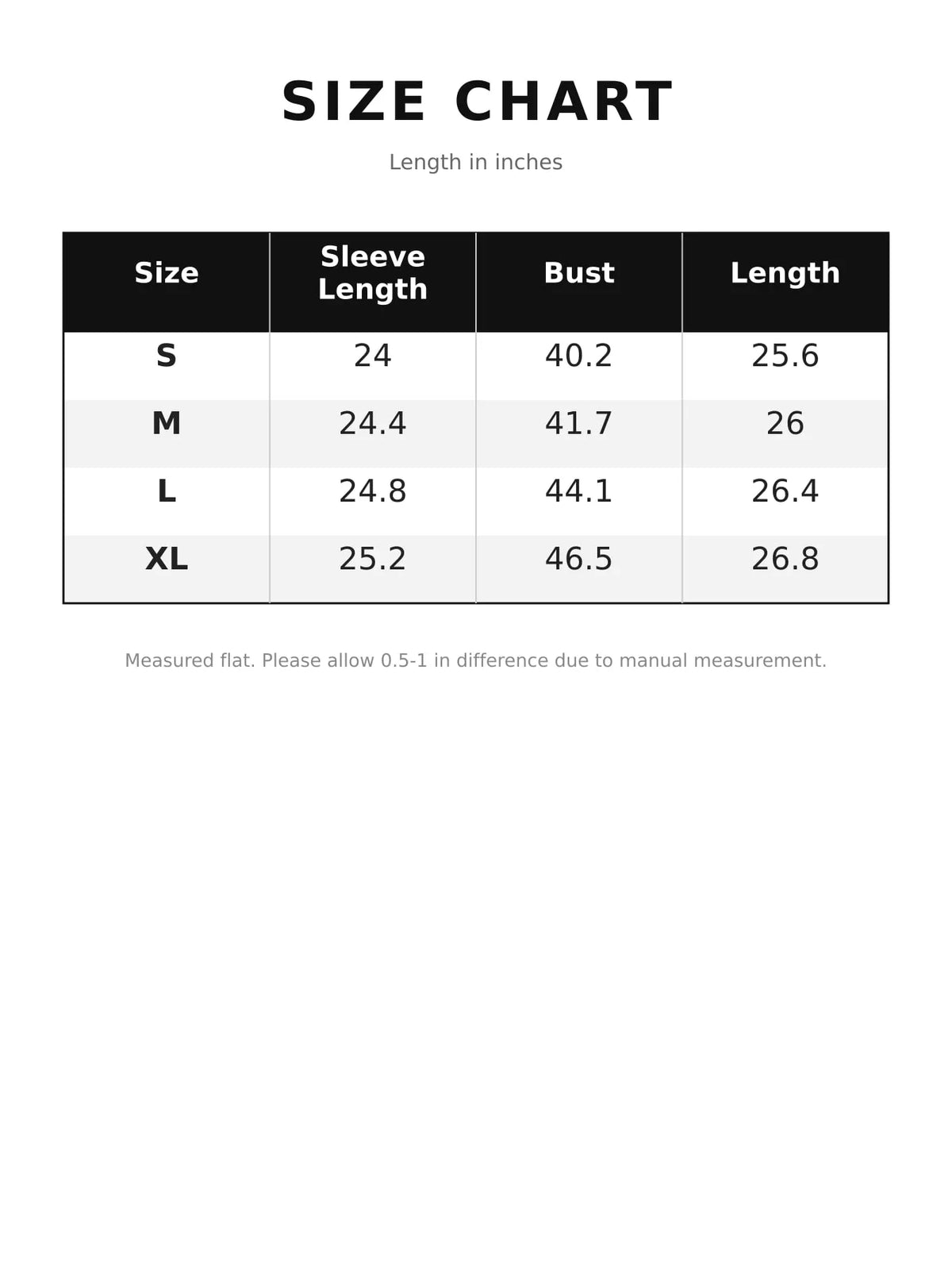 Size chart for snap-button bomber jacket