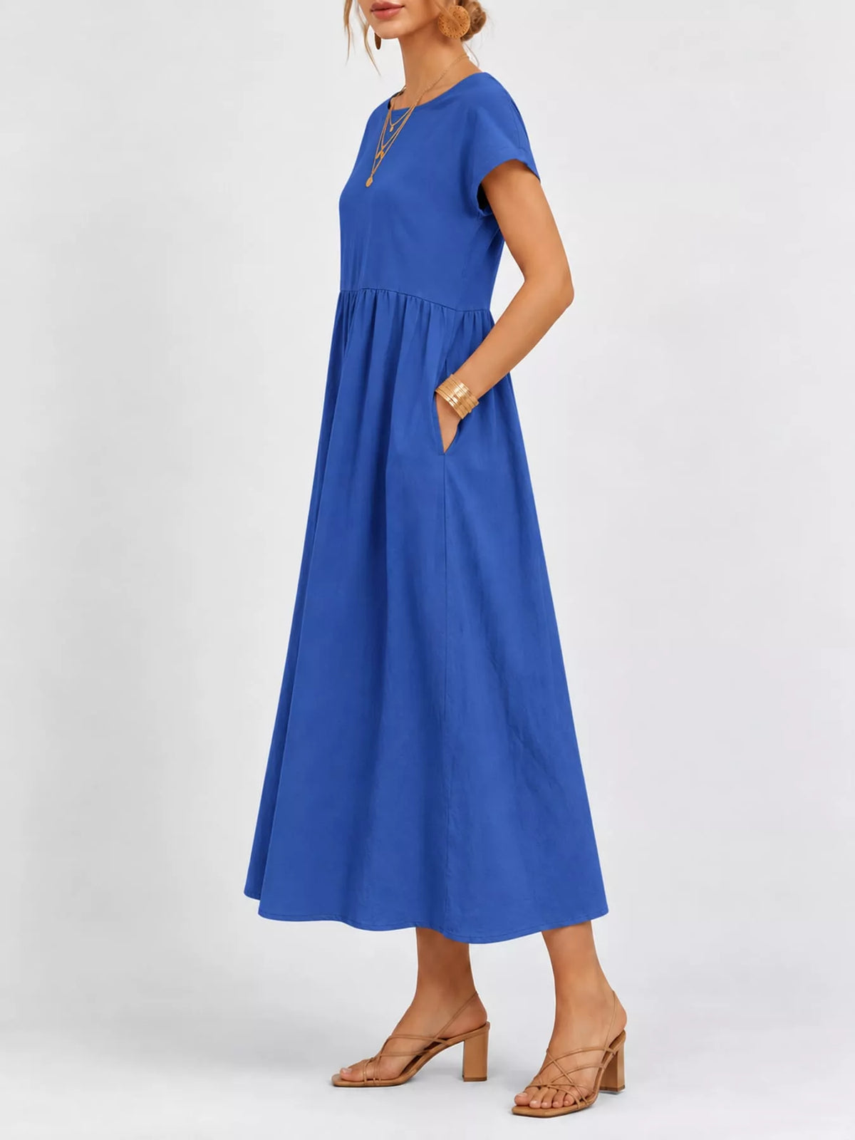 Round neck short sleeve midi dress, side view