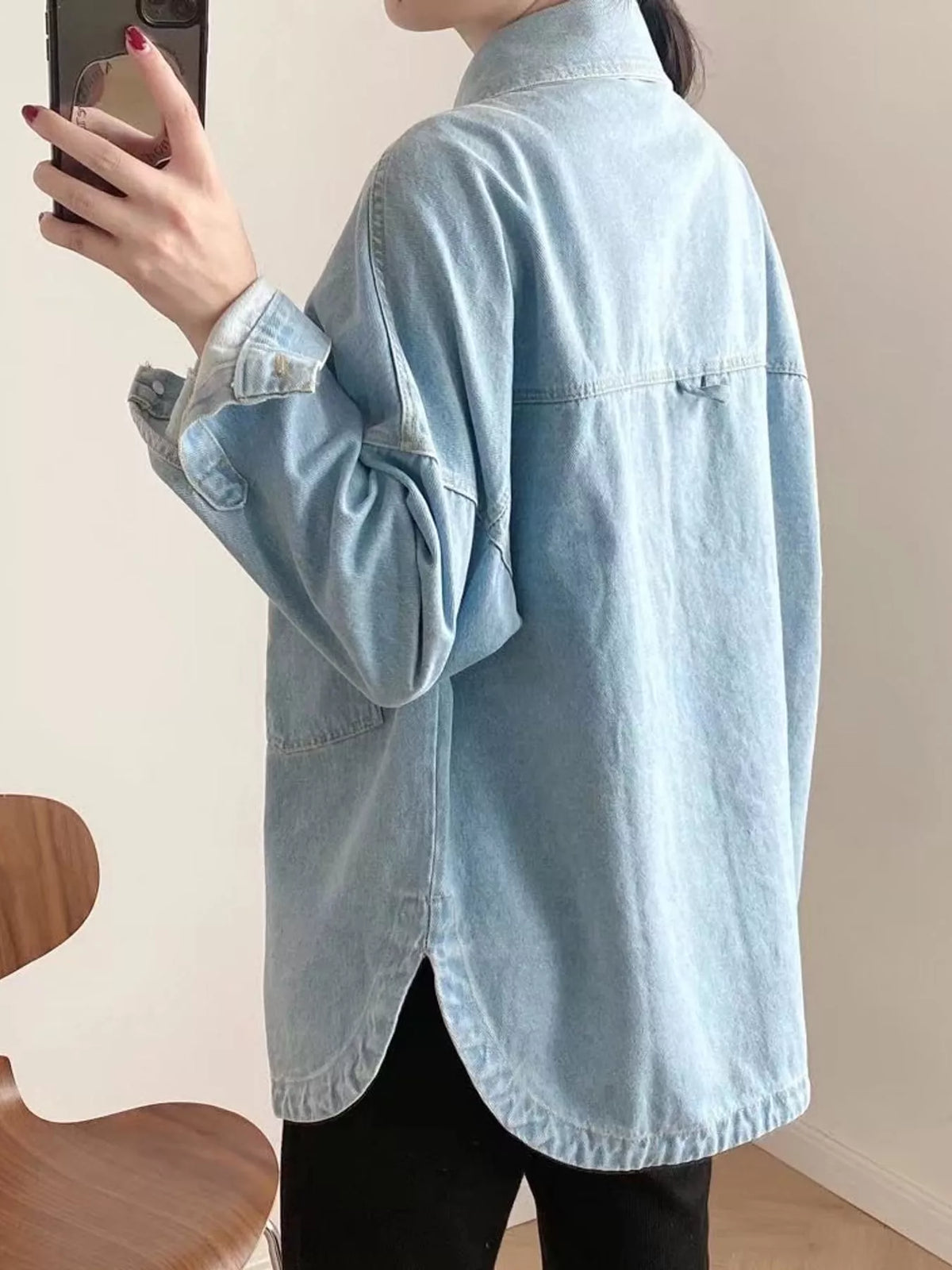 Denim Blue button-down dropped shoulder denim jacket, back view