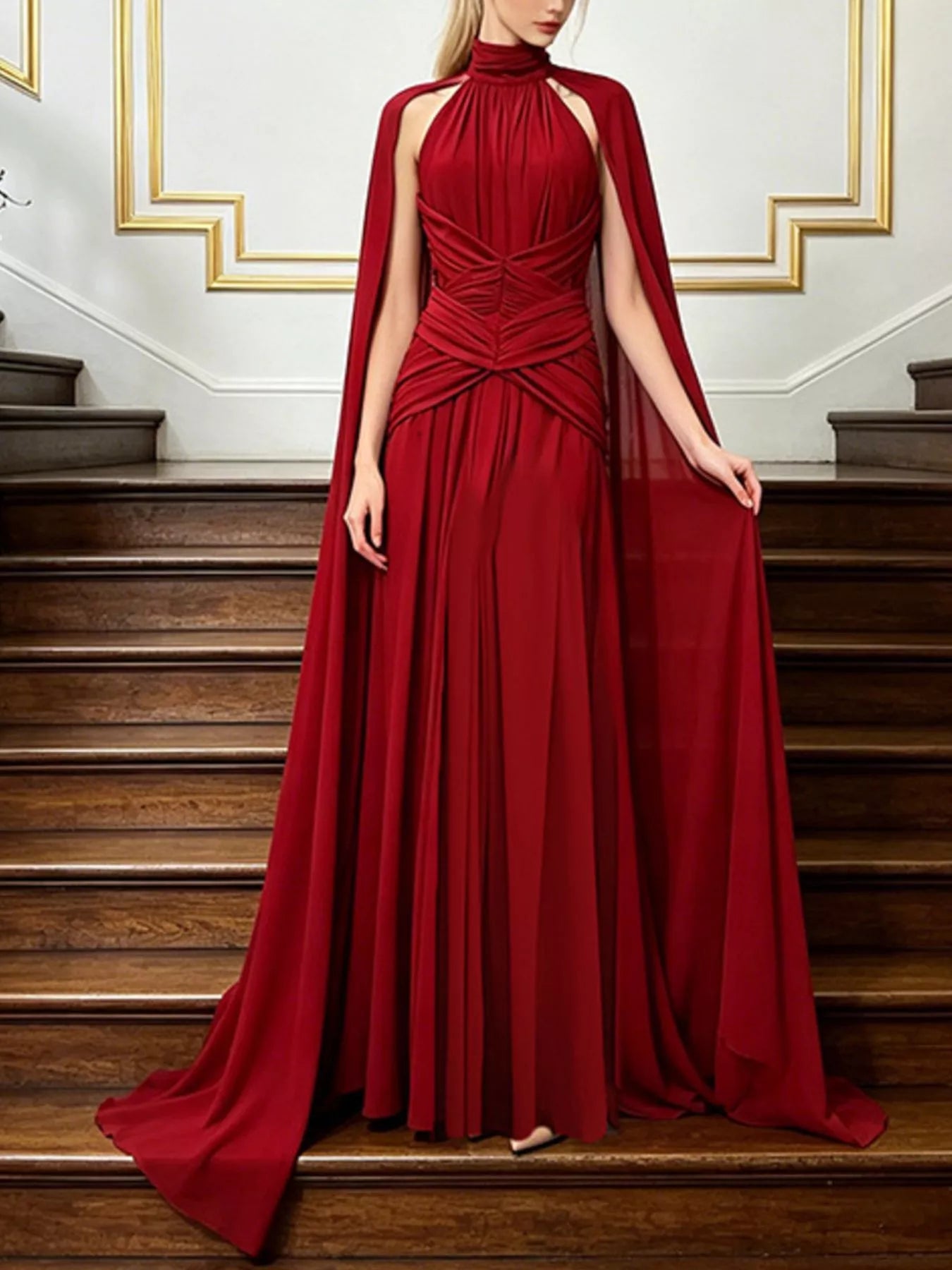 Trendsi Ruched Halter Neck Cape Maxi Dress -